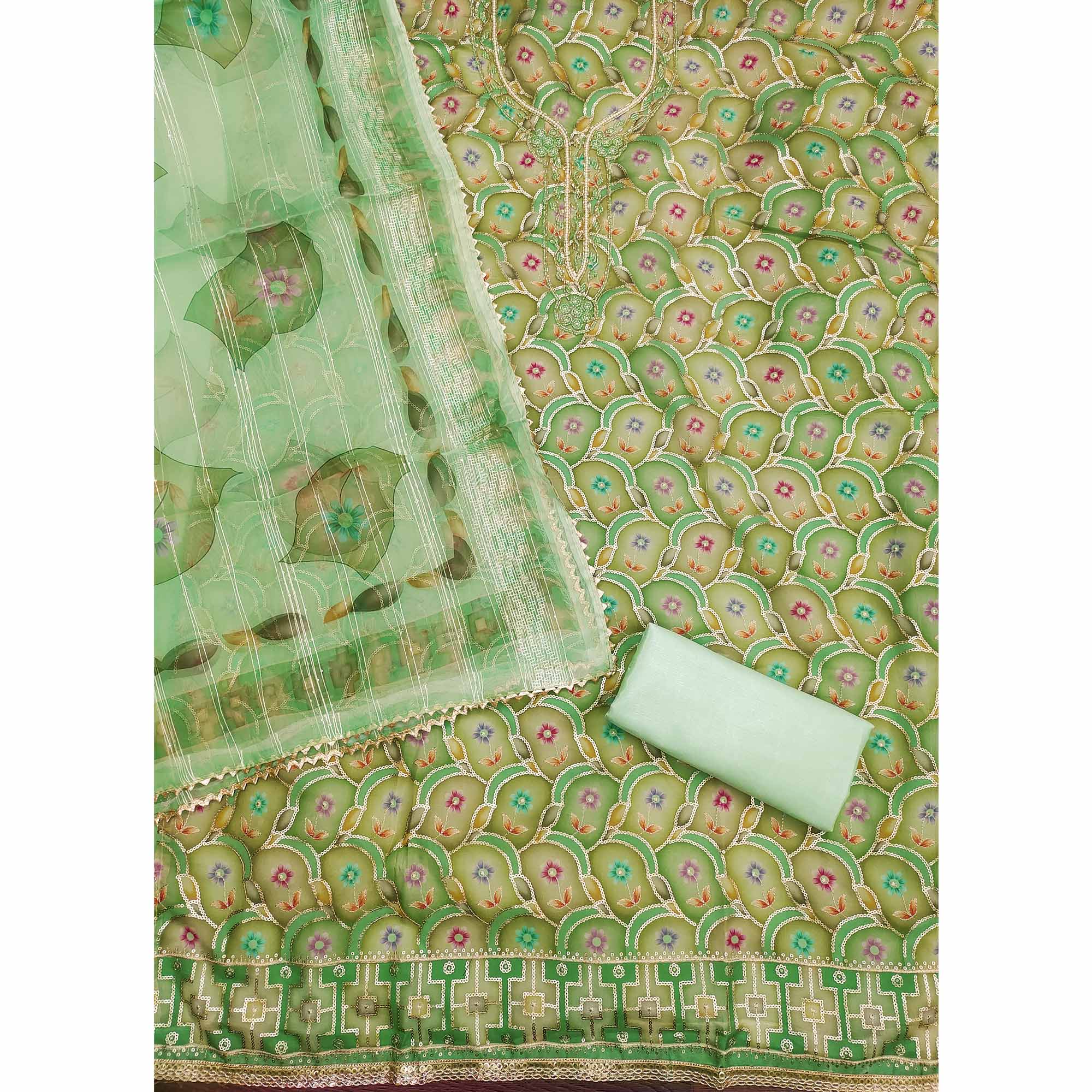 Green Floral Printed Organza Dress Material With Sequins Embroidery & Handwork