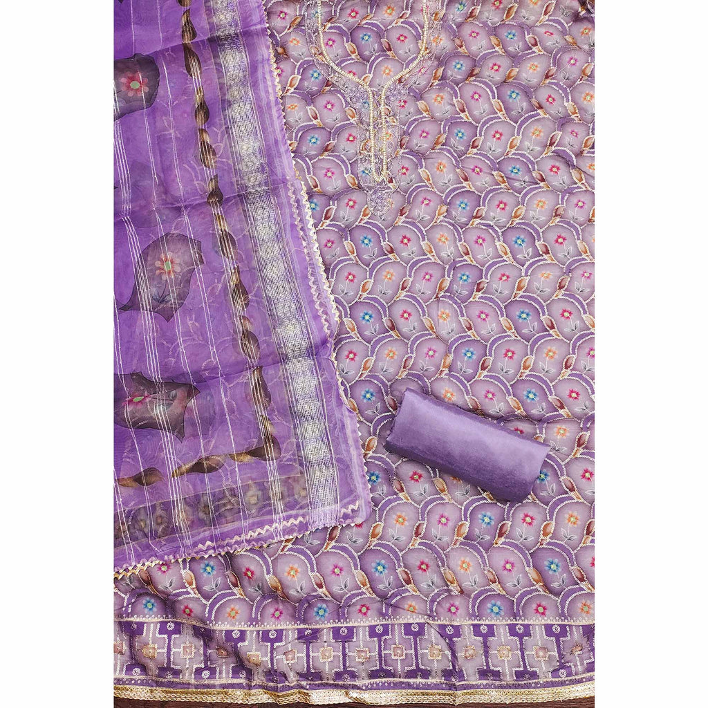 Lavender Floral Printed Organza Dress Material With Sequins Embroidery & Handwork