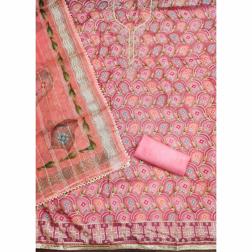 Pink Floral Printed Organza Dress Material With Sequins Embroidery & Handwork