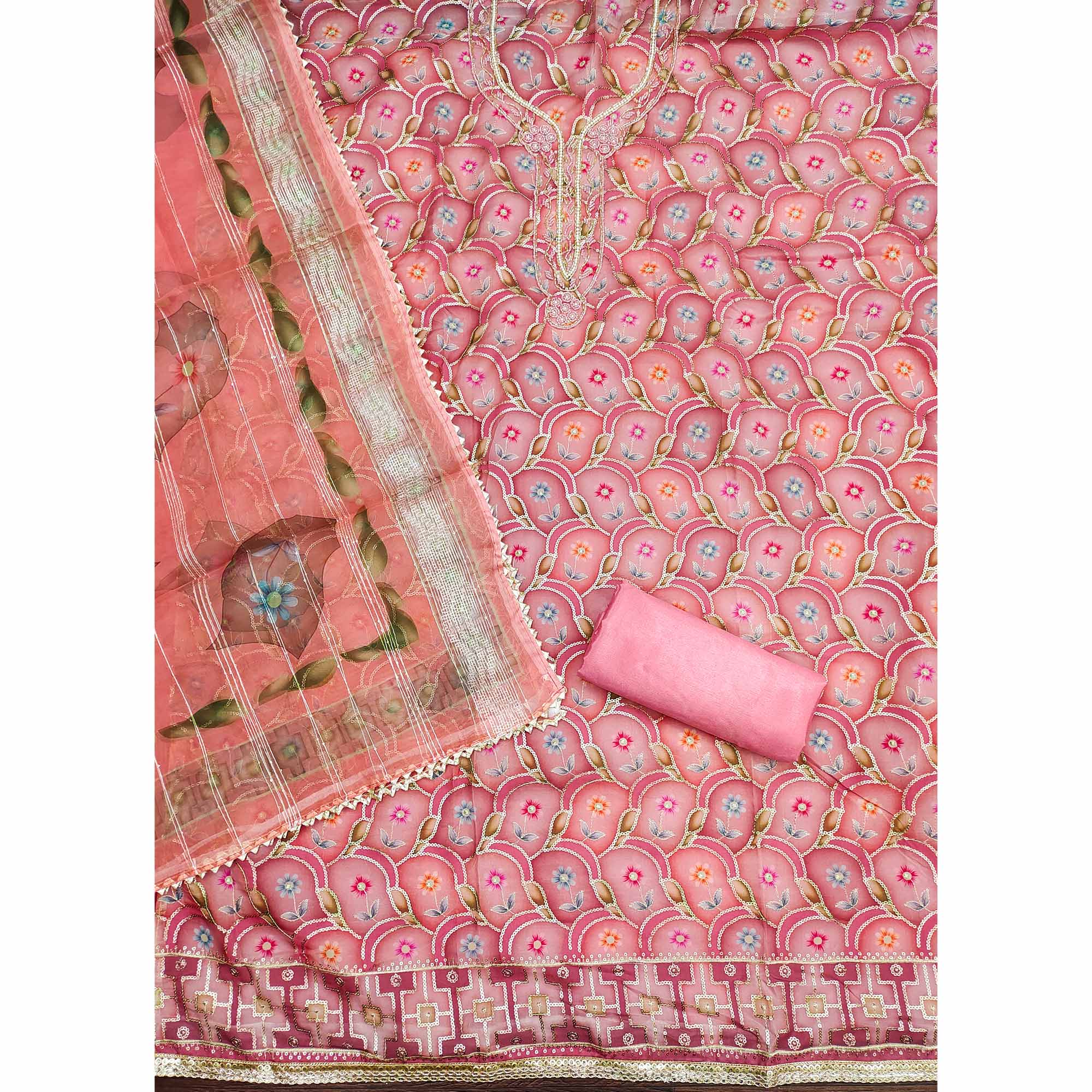 Pink Floral Printed Organza Dress Material With Sequins Embroidery & Handwork