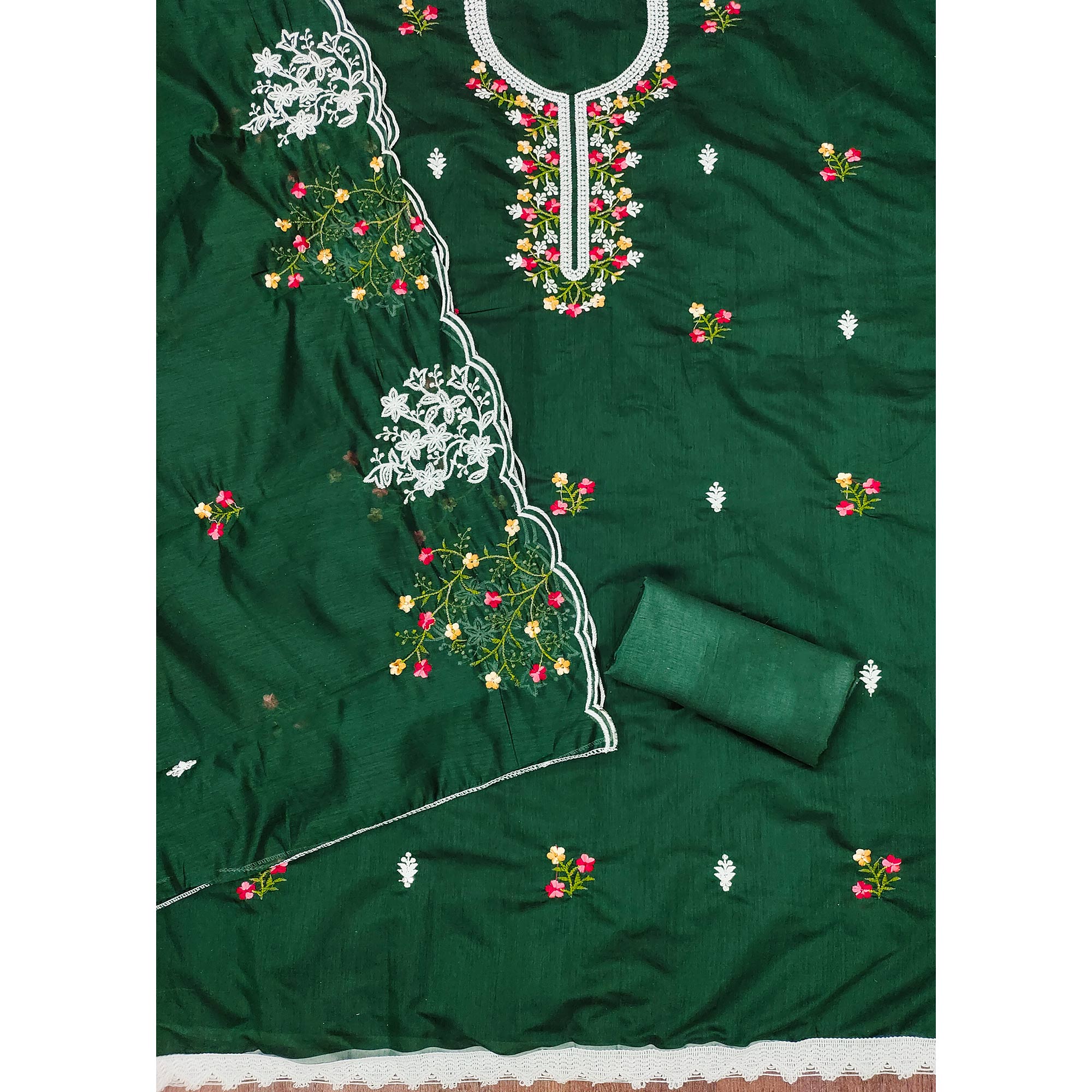 Green Floral Embroidered Chanderi Cotton Dress Material