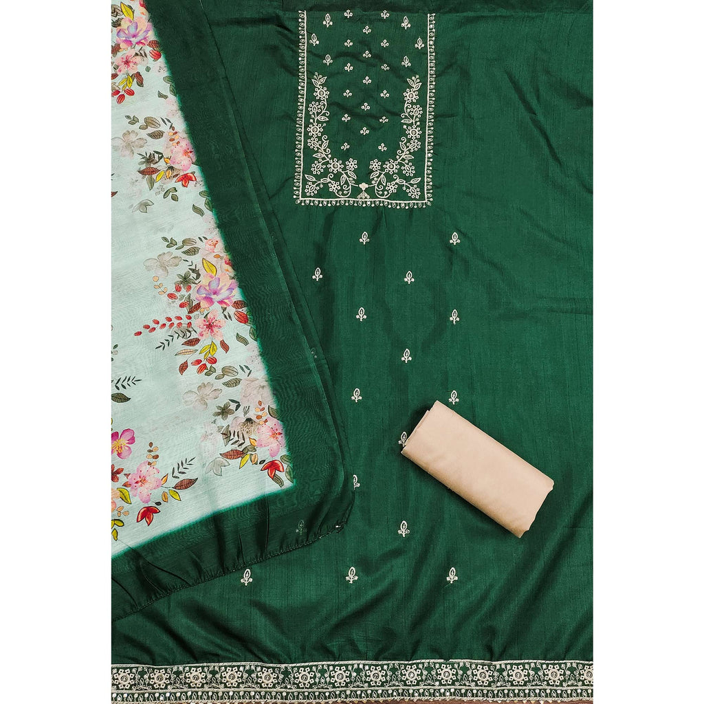 Green Floral Sequins Embroidered Cotton Blend Dress Material