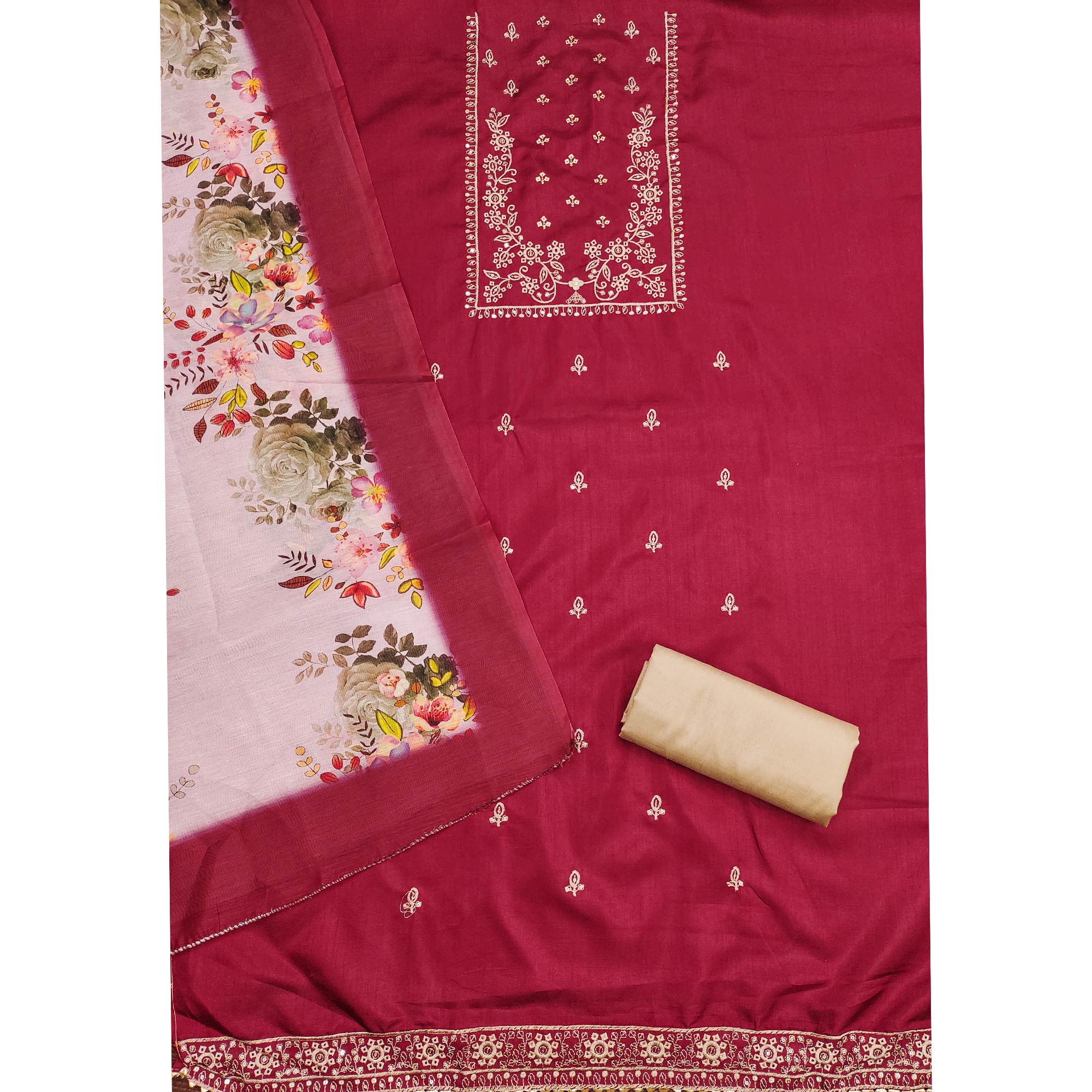 Maroon Floral Sequins Embroidered Cotton Blend Dress Material