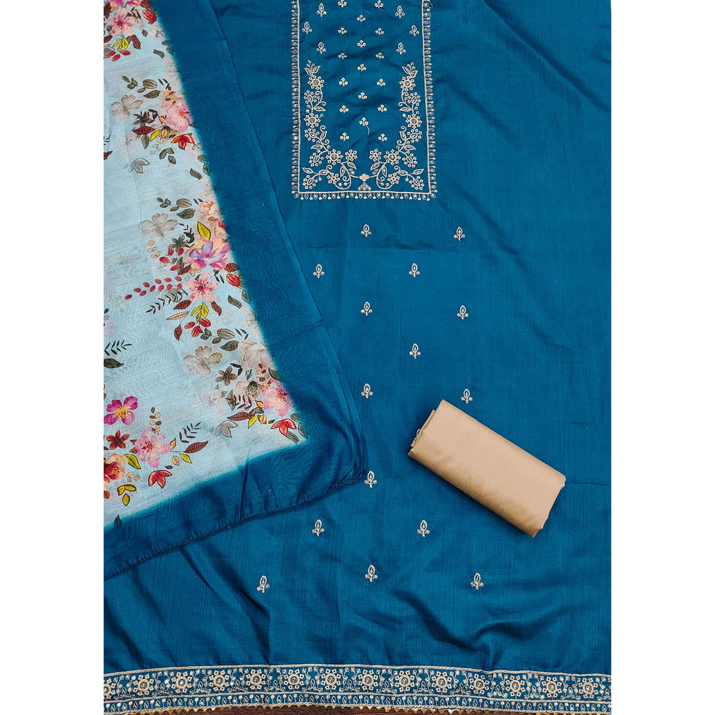 Morpich Blue Floral Sequins Embroidered Cotton Blend Dress Material