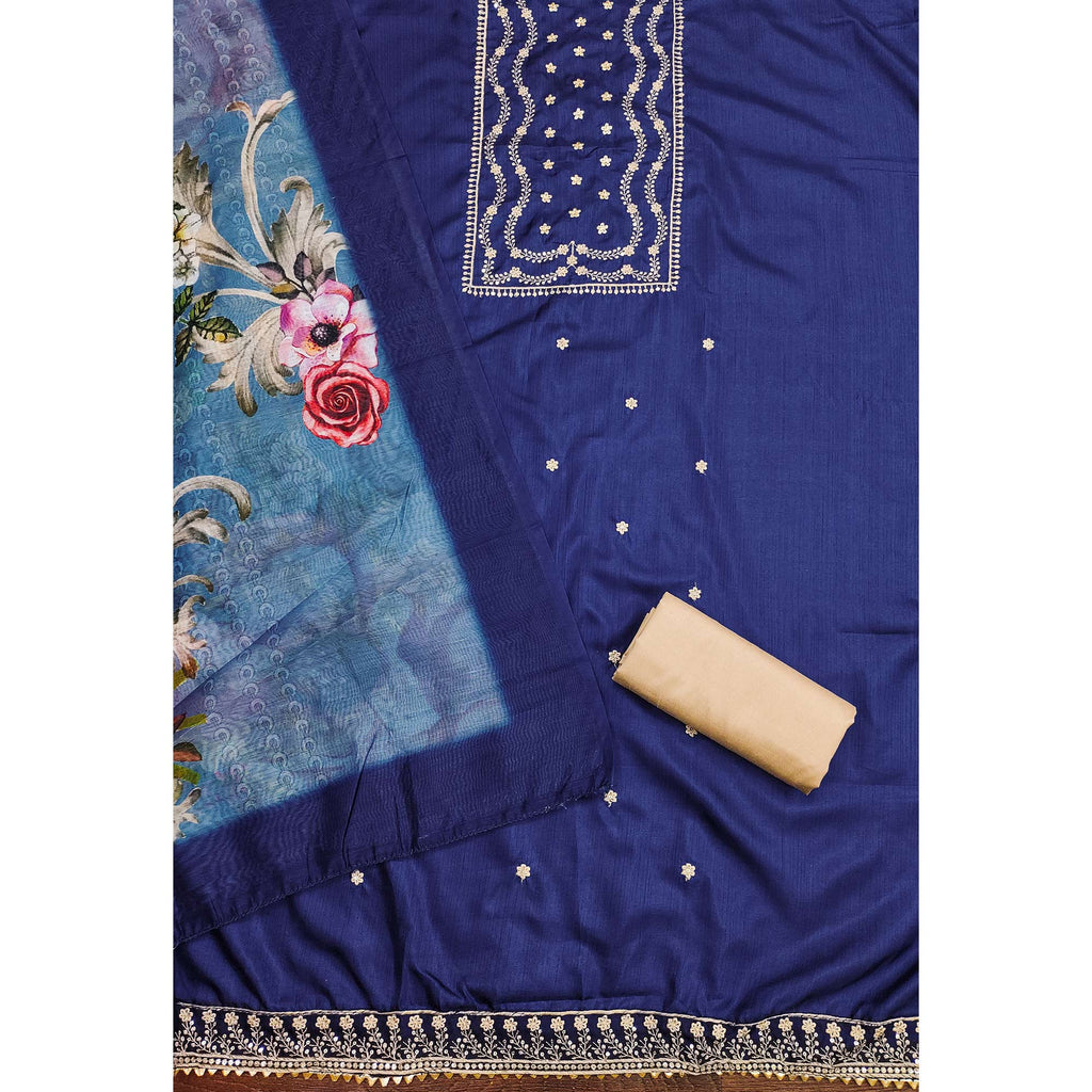 Blue Floral Sequins Embroidered Cotton Blend Dress Material