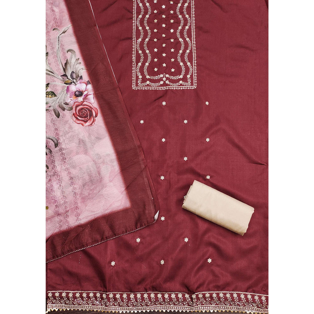 Maroon Floral Sequins Embroidered Cotton Blend Dress Material