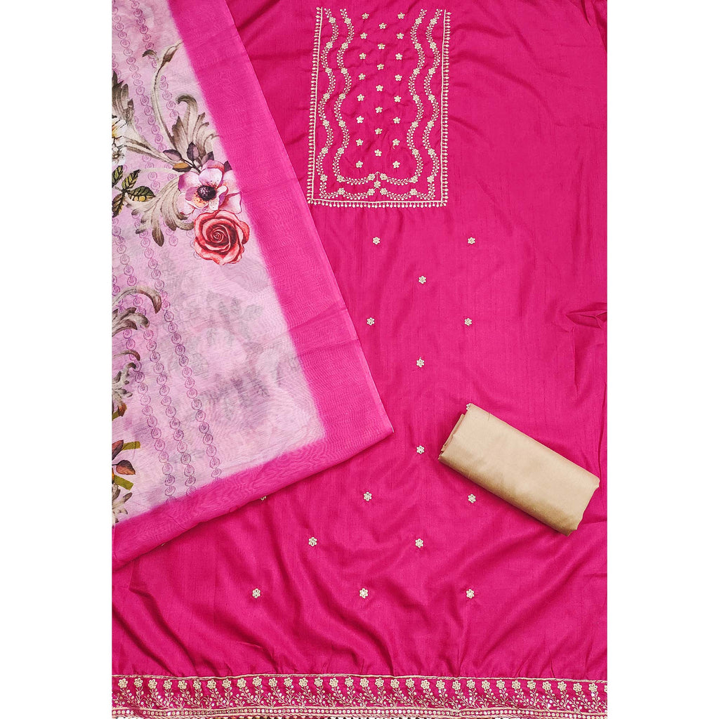 Pink Floral Sequins Embroidered Cotton Blend Dress Material