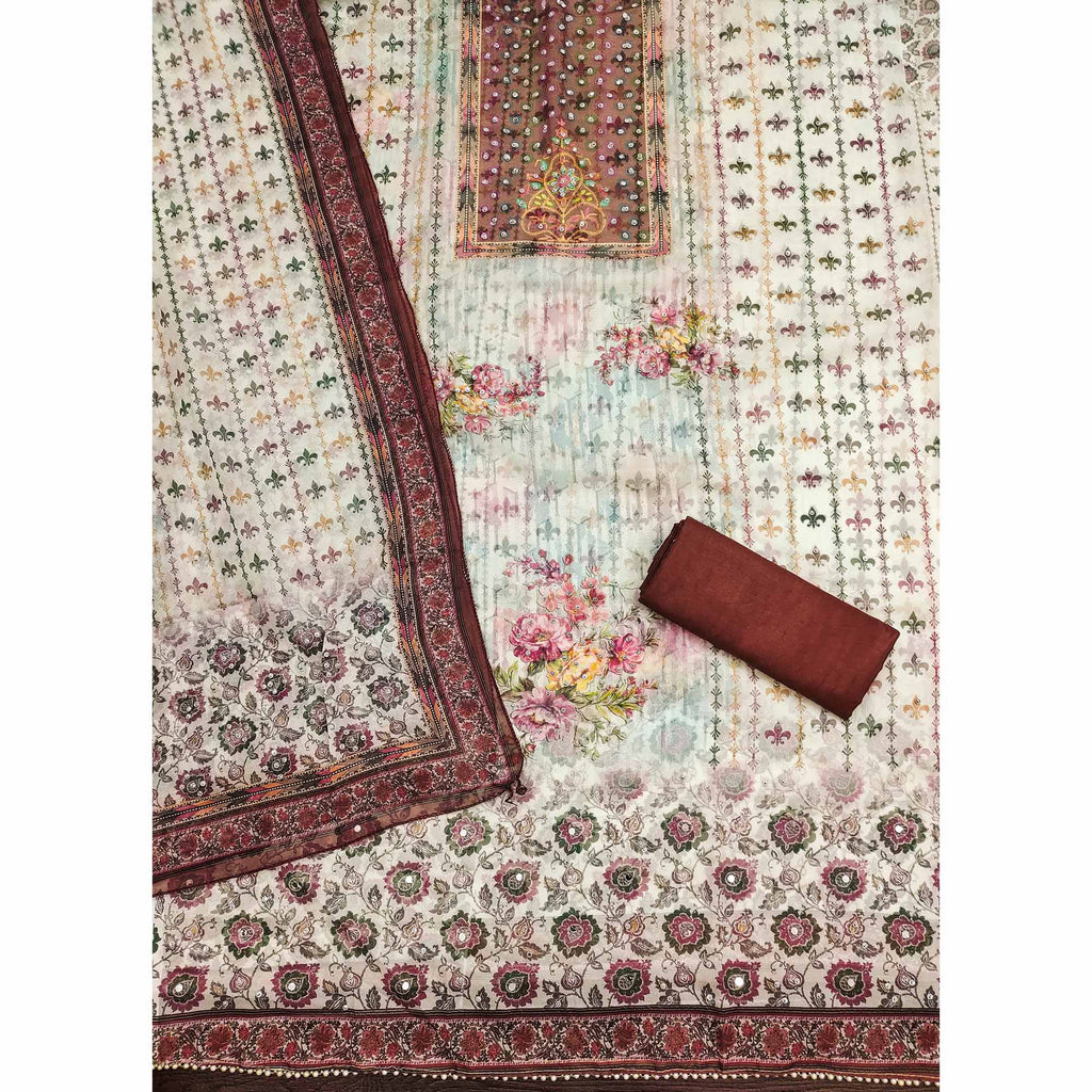 Dark Rust Floral Digital Printed With Diamond Work Organza Dress Material