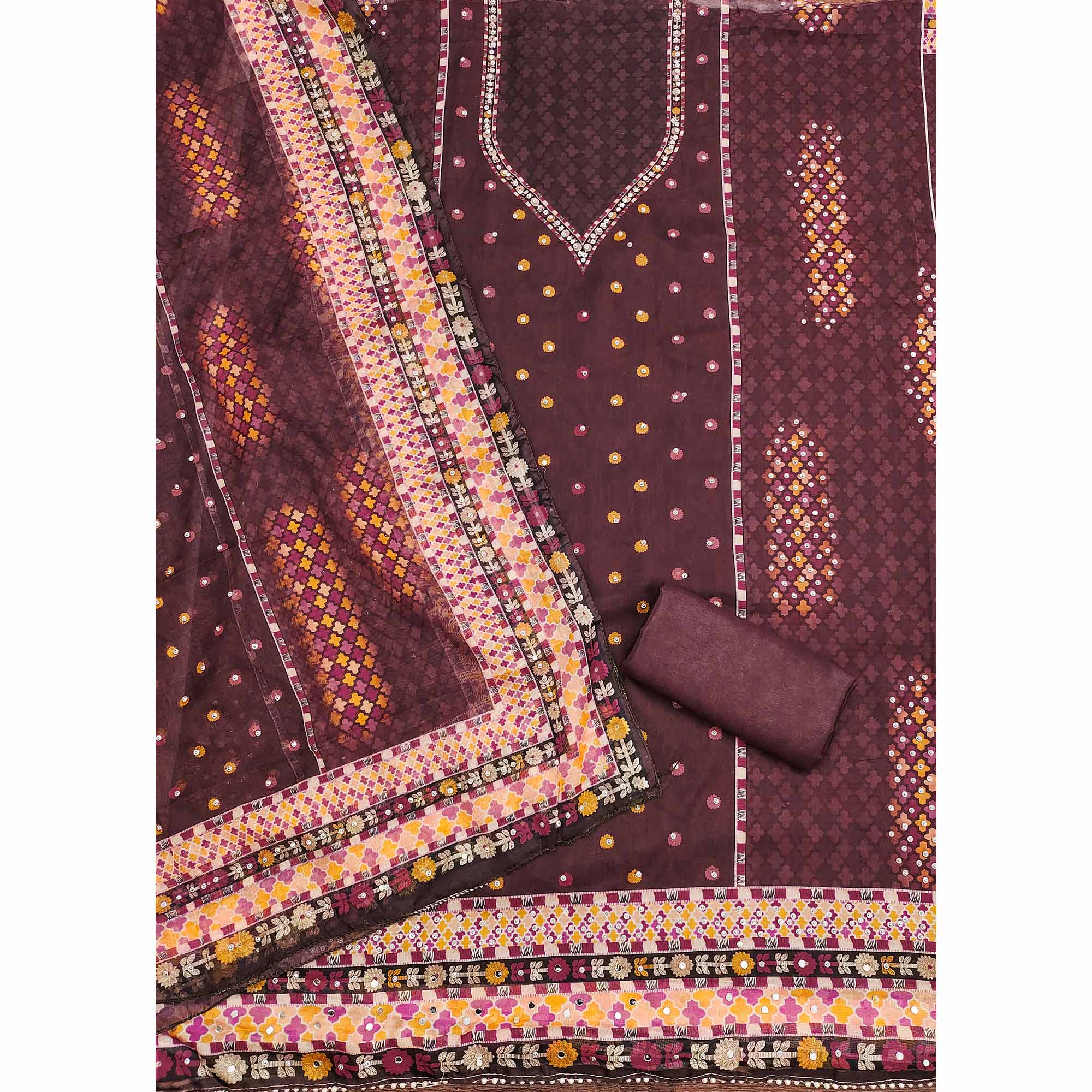 Dark Wine Floral Digital Printed With Diamond Work Organza Dress Material