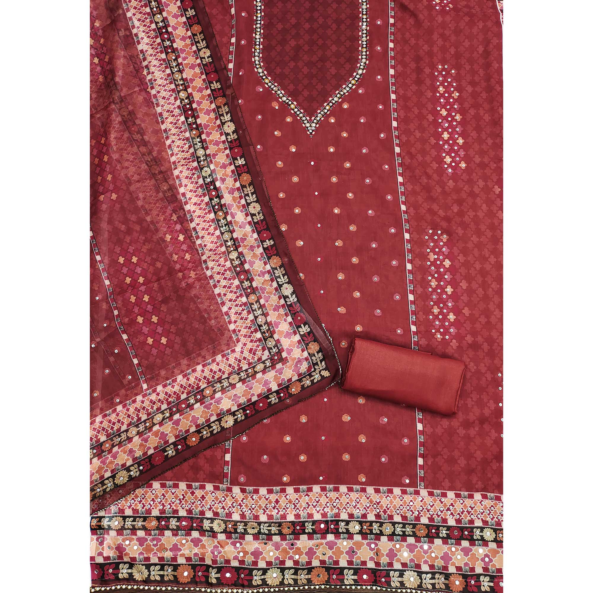 Maroon Floral Digital Printed With Diamond Work Organza Dress Material