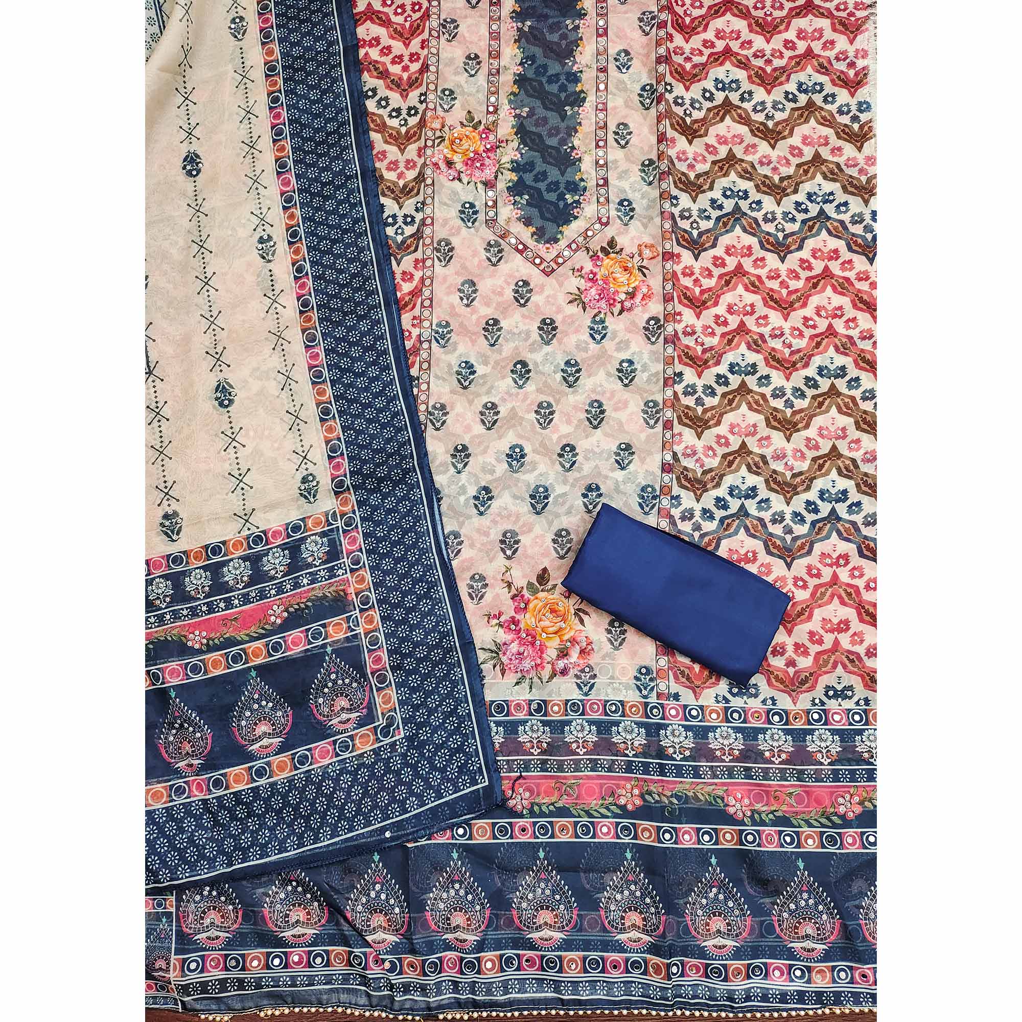 Blue Floral Digital Print With Diamond & Mirror Work Organza Dress Material