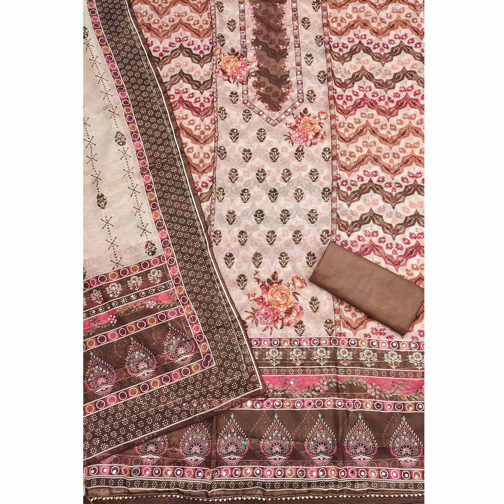 Brown Floral Digital Print With Diamond & Mirror Work Organza Dress Material