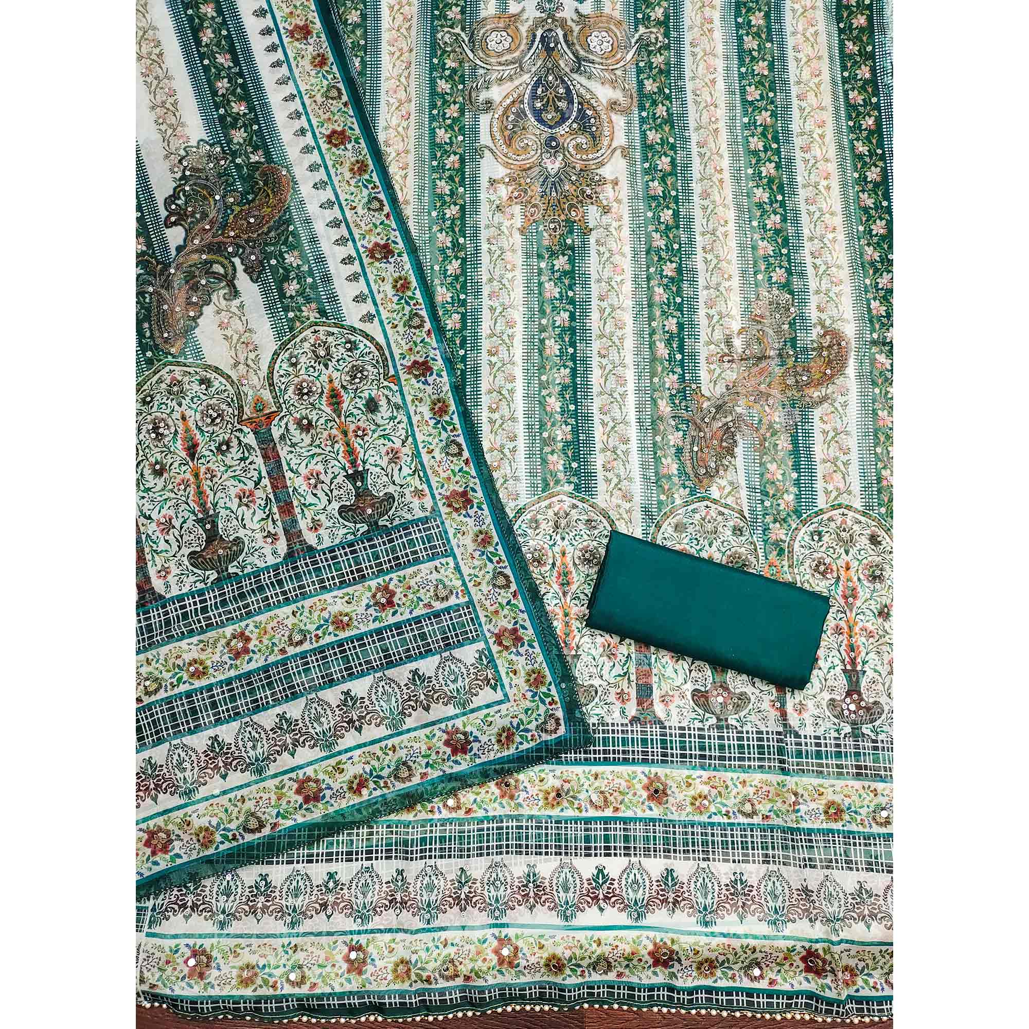 Green Floral Digital Printed With Diamond Work Organza Dress Material