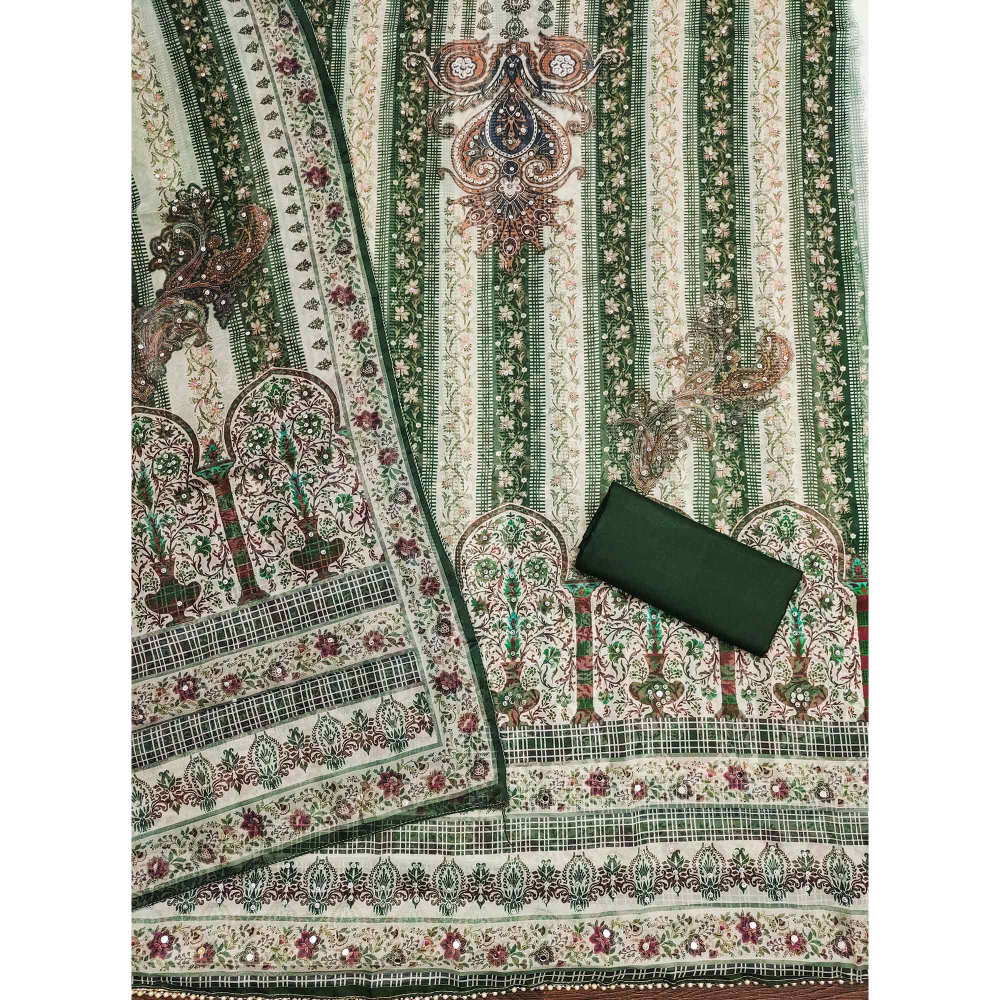 Mehendi Green Floral Digital Printed With Diamond Work Organza Dress Material