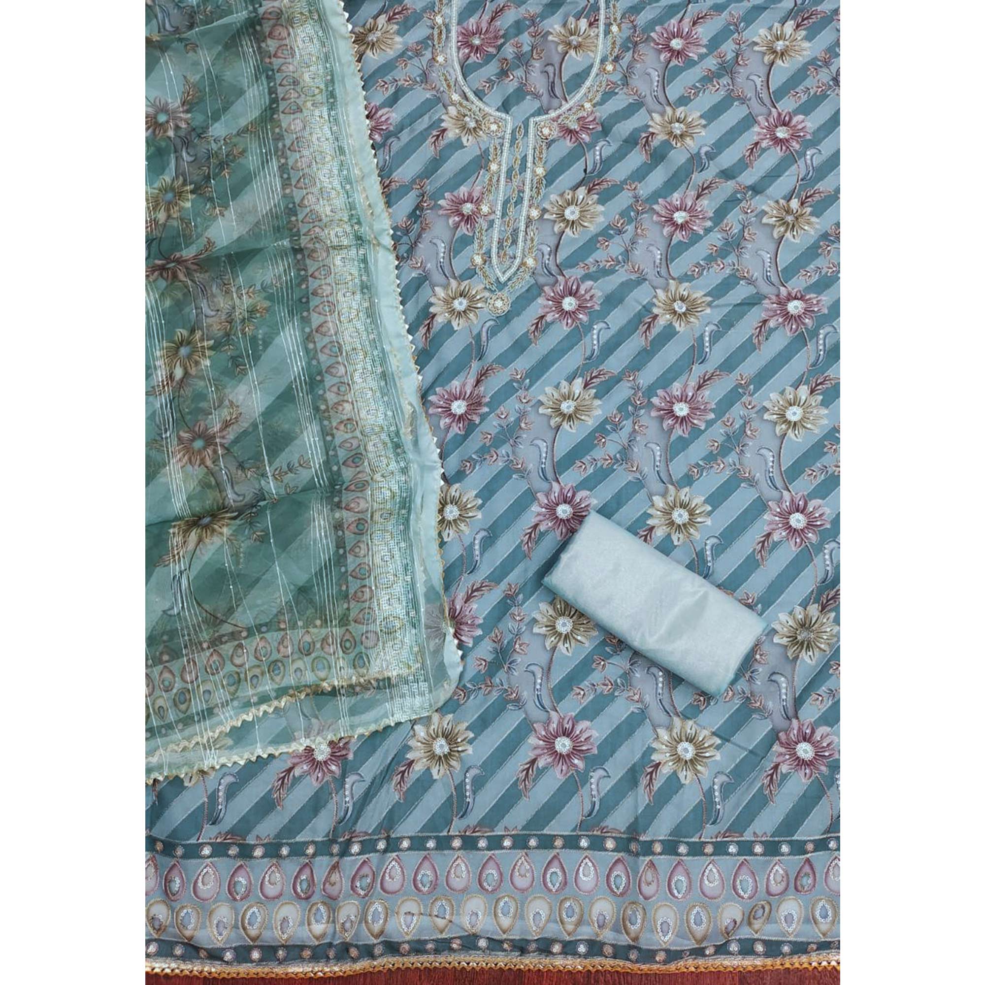 Blue Floral Sequins Embroidered Organza Dress Material With Exquisite Handwork