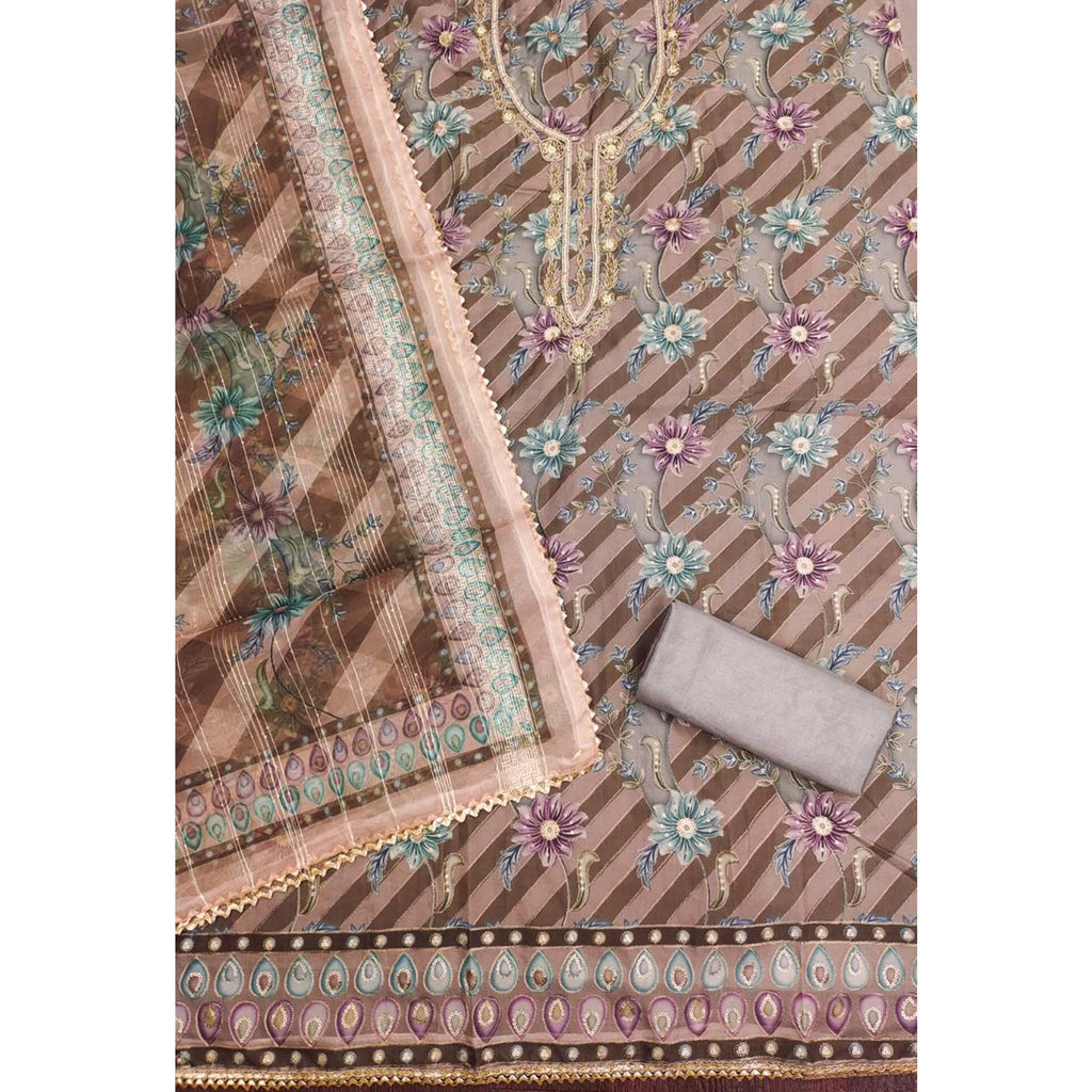 Brown Floral Sequins Embroidered Organza Dress Material With Exquisite Handwork