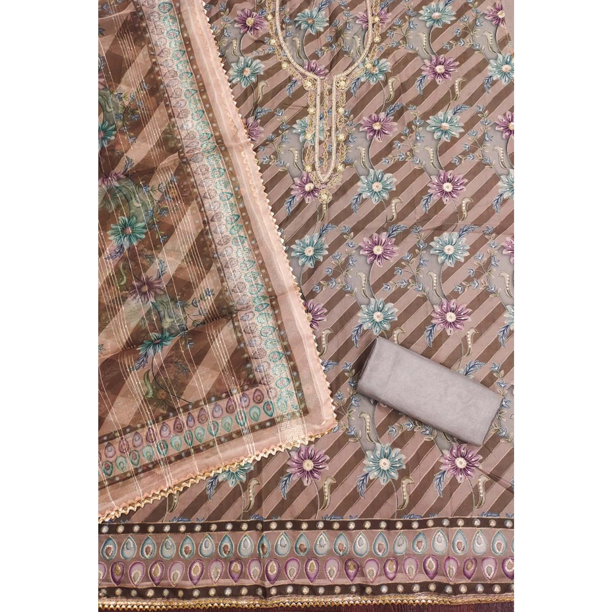 Brown Floral Sequins Embroidered Organza Dress Material With Exquisite Handwork