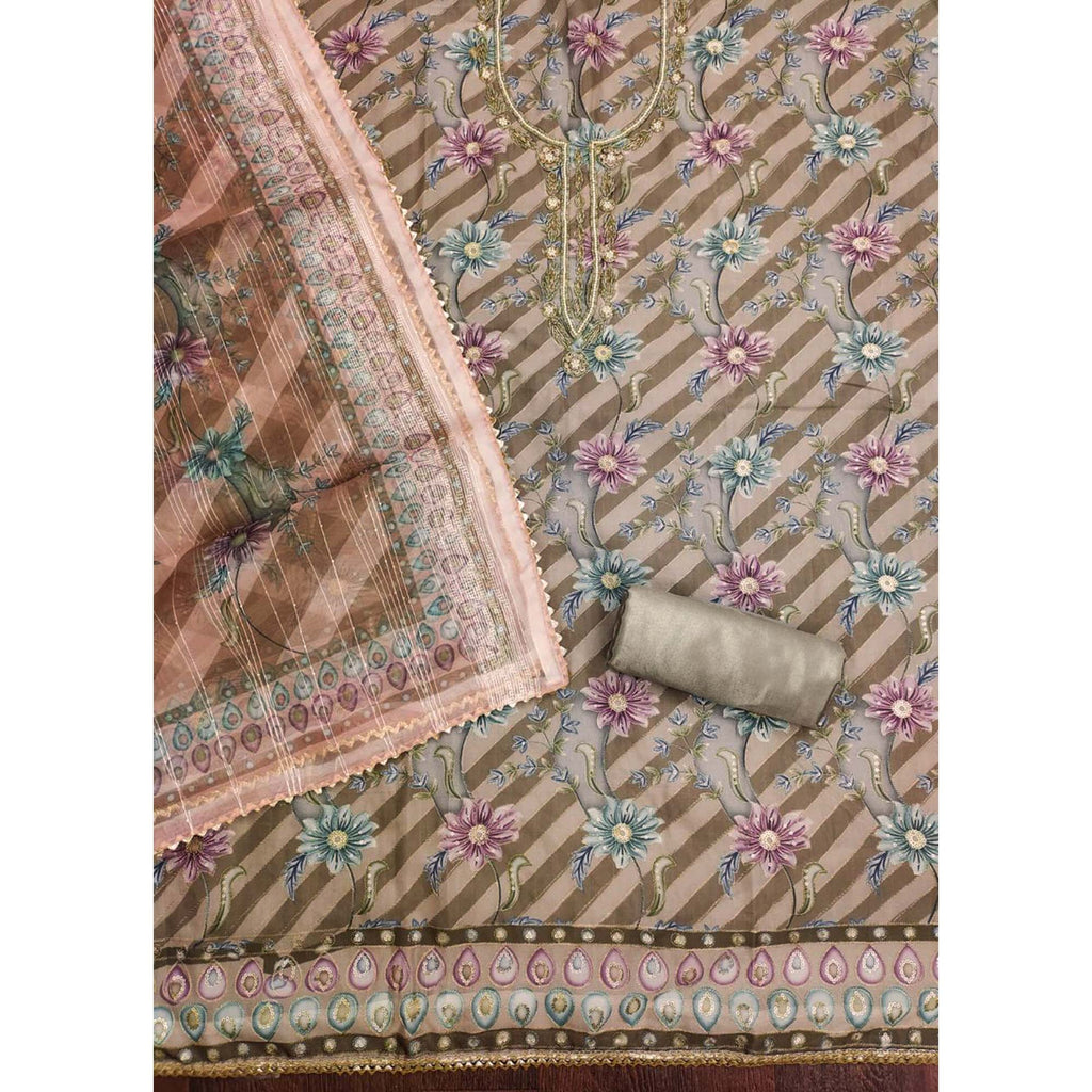 Green Floral Sequins Embroidered Organza Dress Material With Exquisite Handwork