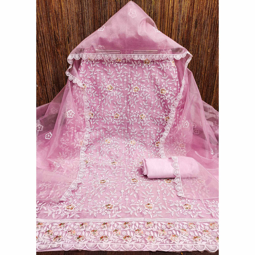 Elegant Pink Organza Dress Material Adorned with Intricate Floral Embroidery