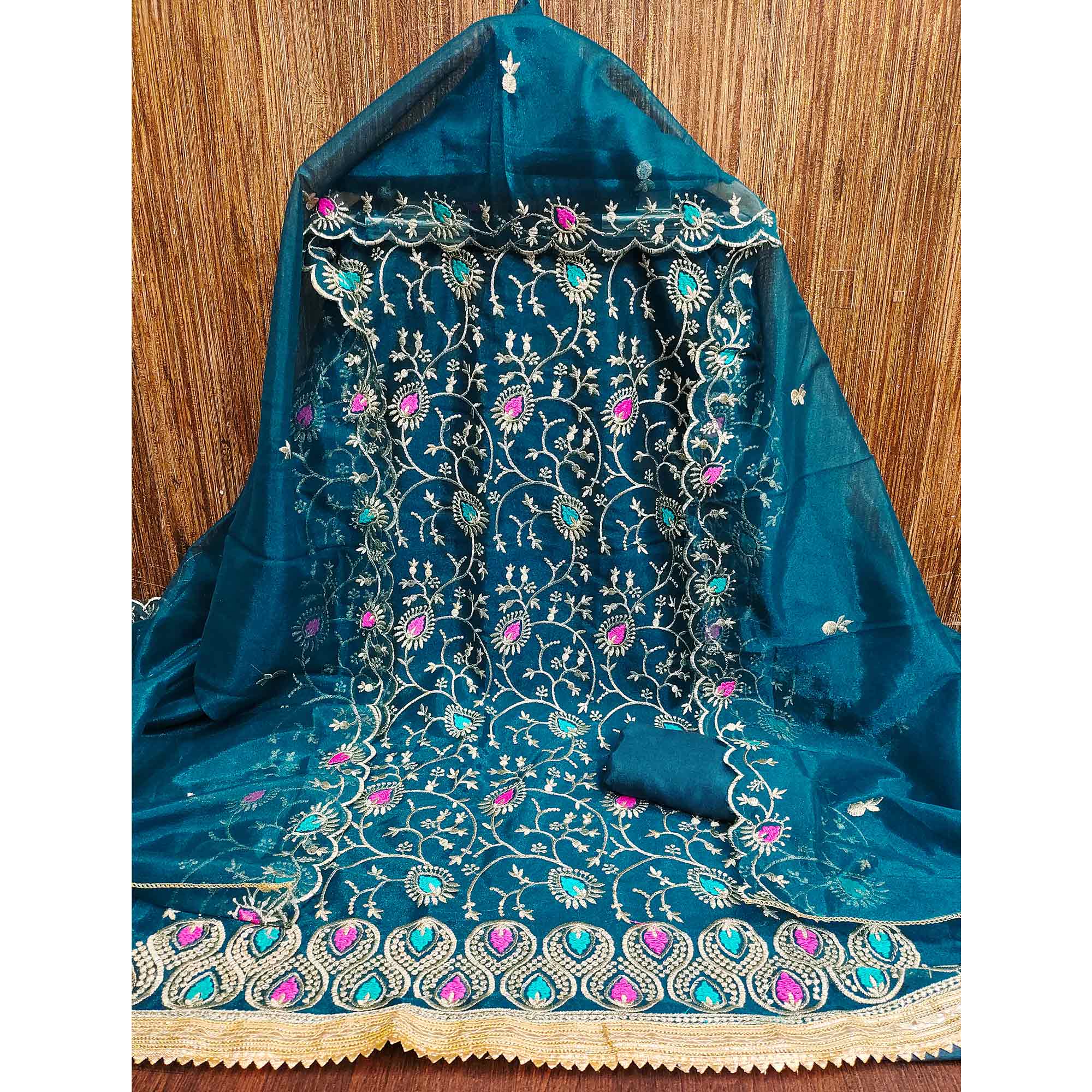 Dazzling Morpich Organza Dress Material with Exquisite Floral Thread & Zari Embroidery