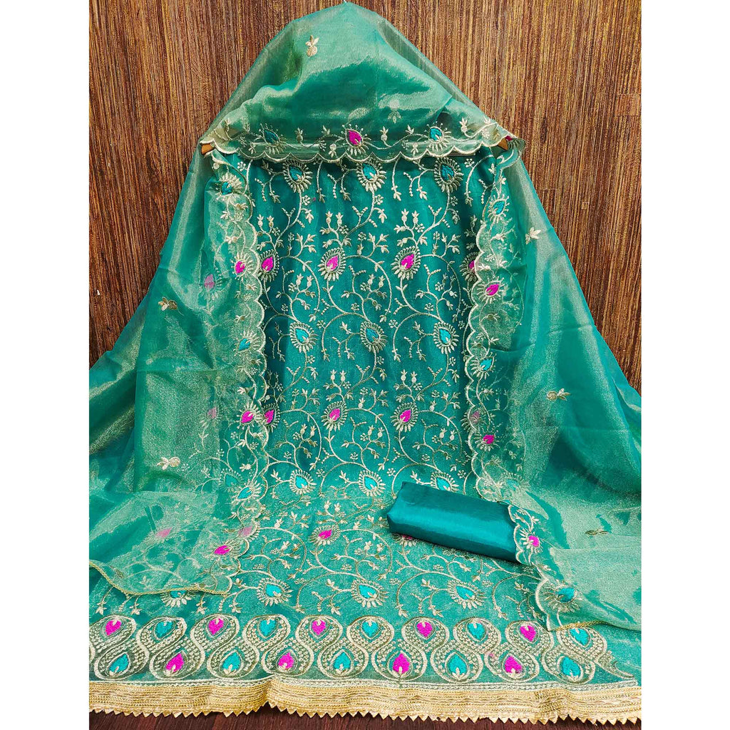 Elegant Rama Blue Organza Dress Material with Exquisite Floral Thread & Zari Embroidery
