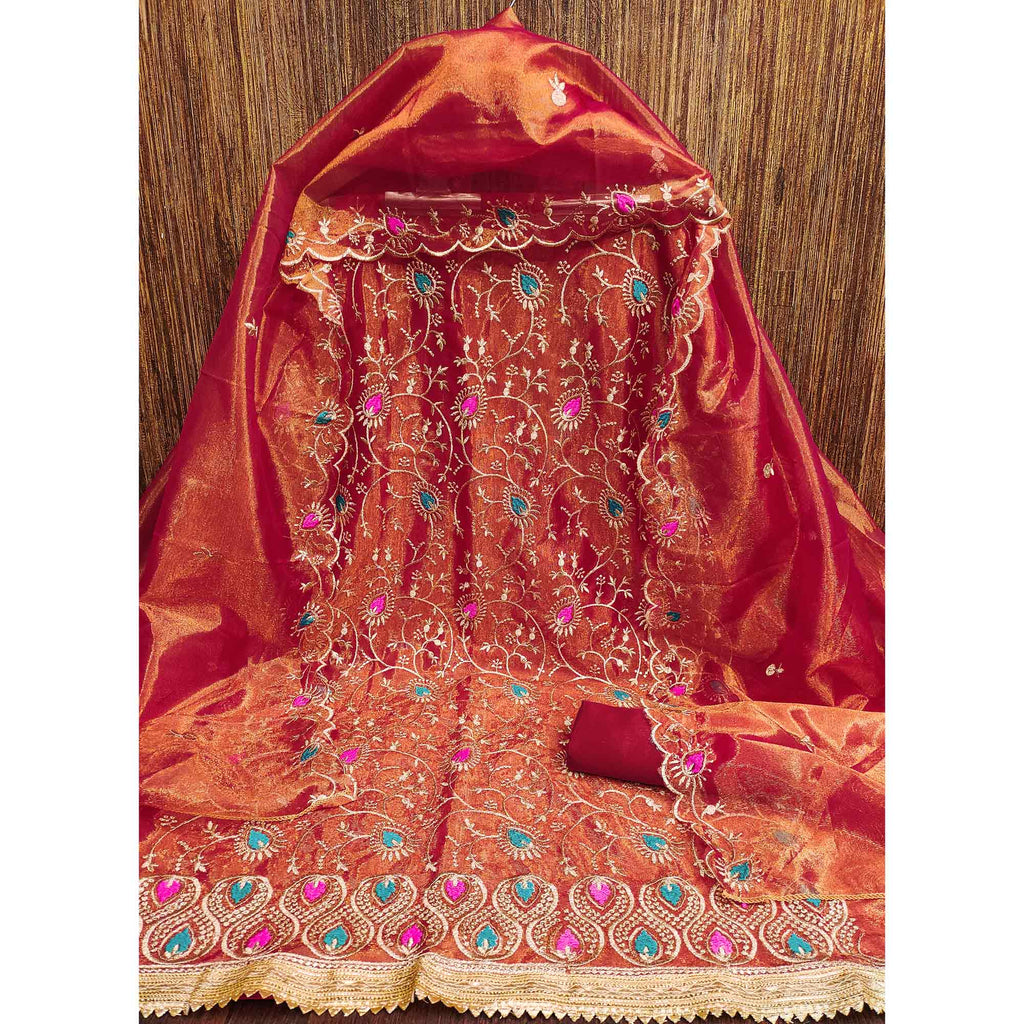 Elegant Rust Organza Dress Material with Exquisite Floral Thread & Zari Embroidery