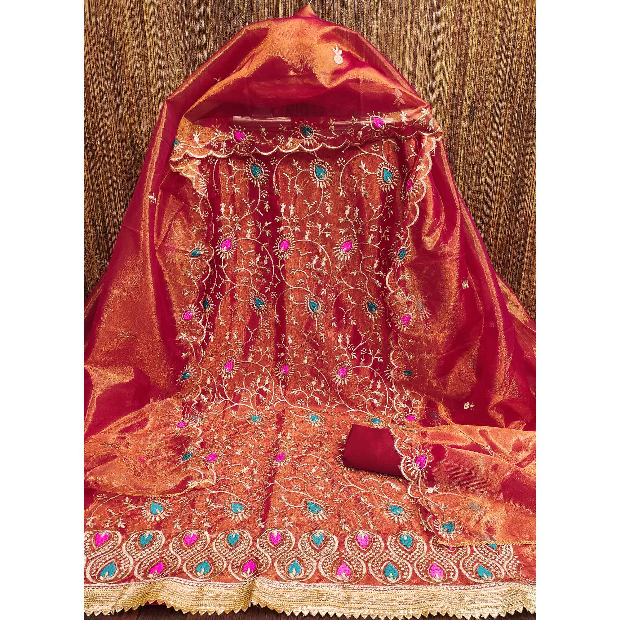 Elegant Rust Organza Dress Material with Exquisite Floral Thread & Zari Embroidery