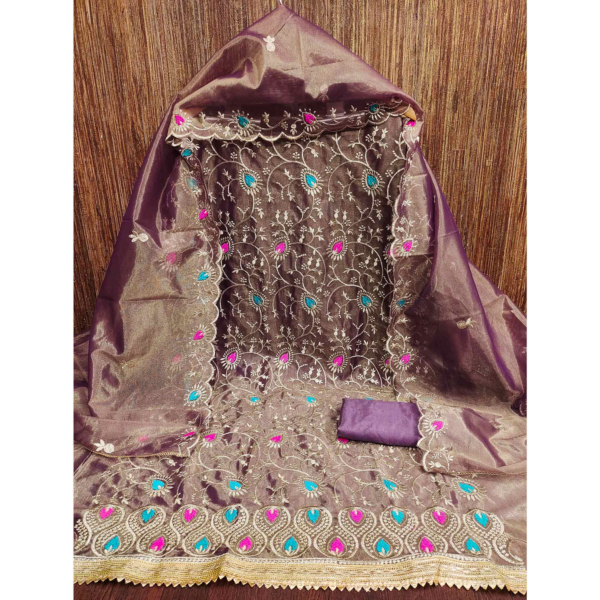 Charming Wine Organza Dress Material with Exquisite Floral Thread & Zari Embroidery