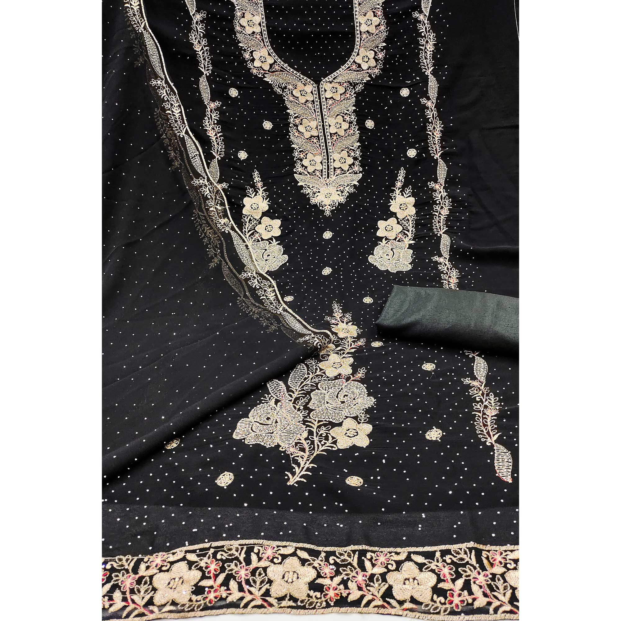 Black Georgette Dress Material With Luxurious Floral Zari Embroidery & Stonework
