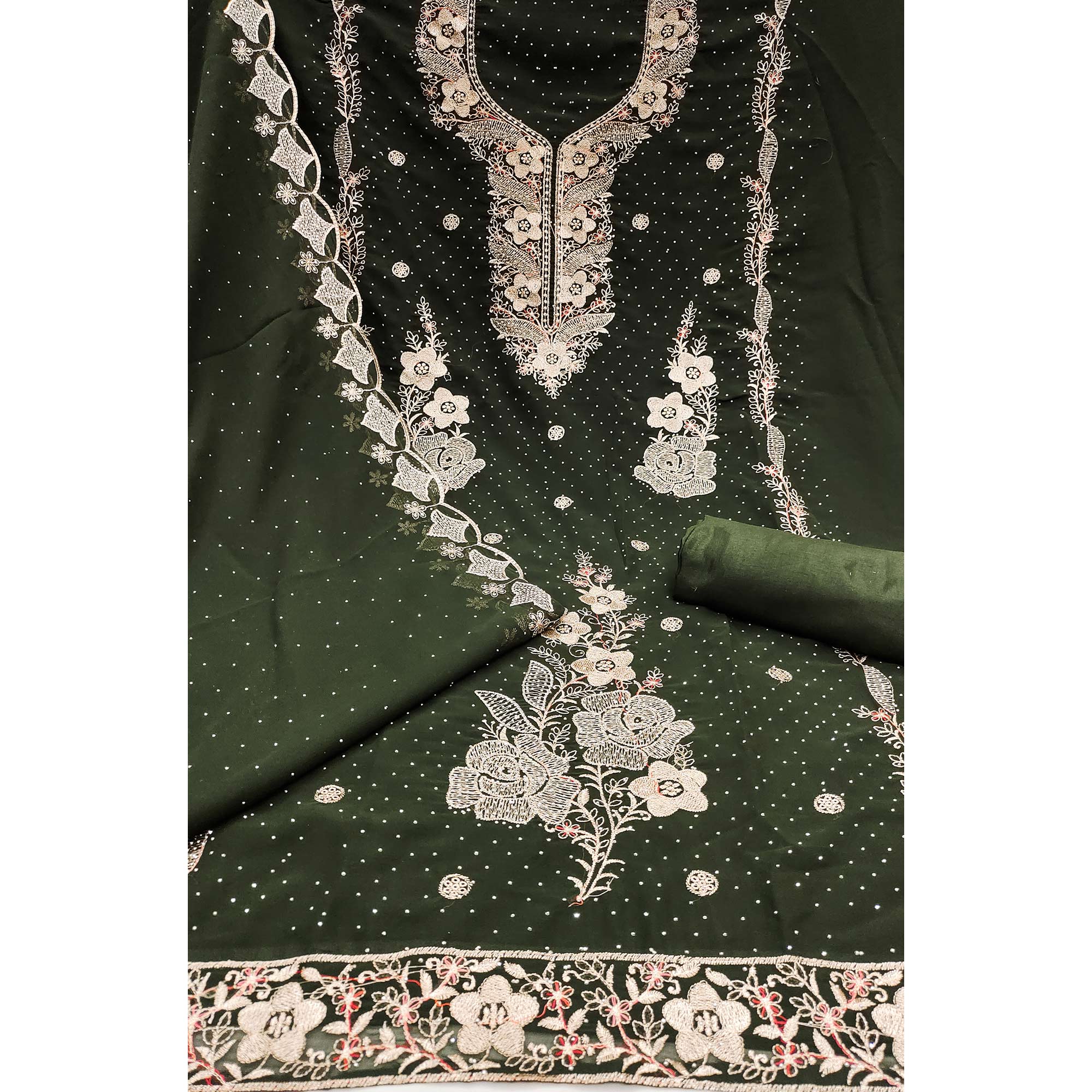 Mehendi Green Georgette Dress Material With Luxurious Floral Zari Embroidery & Stonework