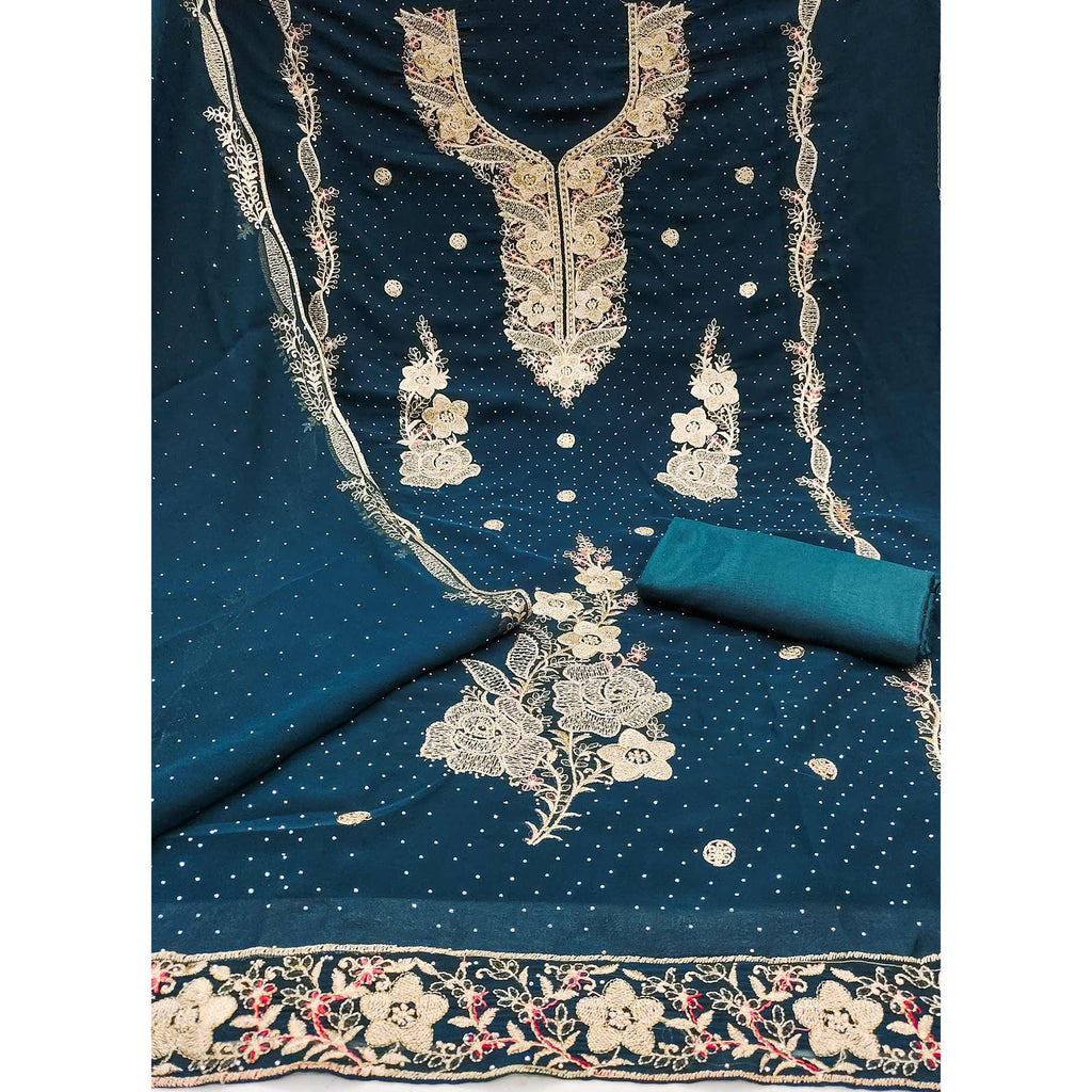 Morpich Blue Georgette Dress Material With Luxurious Floral Zari Embroidery & Stonework