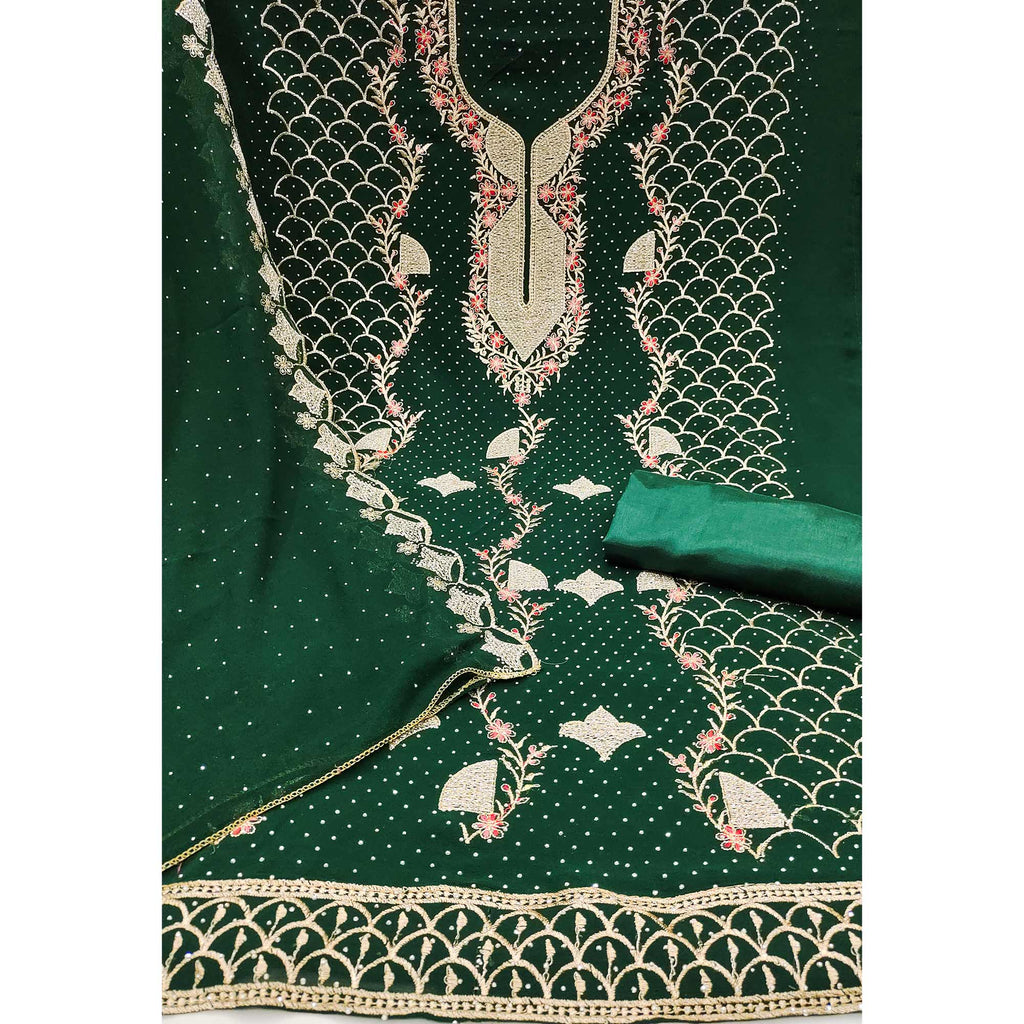 Green Georgette Dress Material With Exquisite Floral Embroidery And Stonework