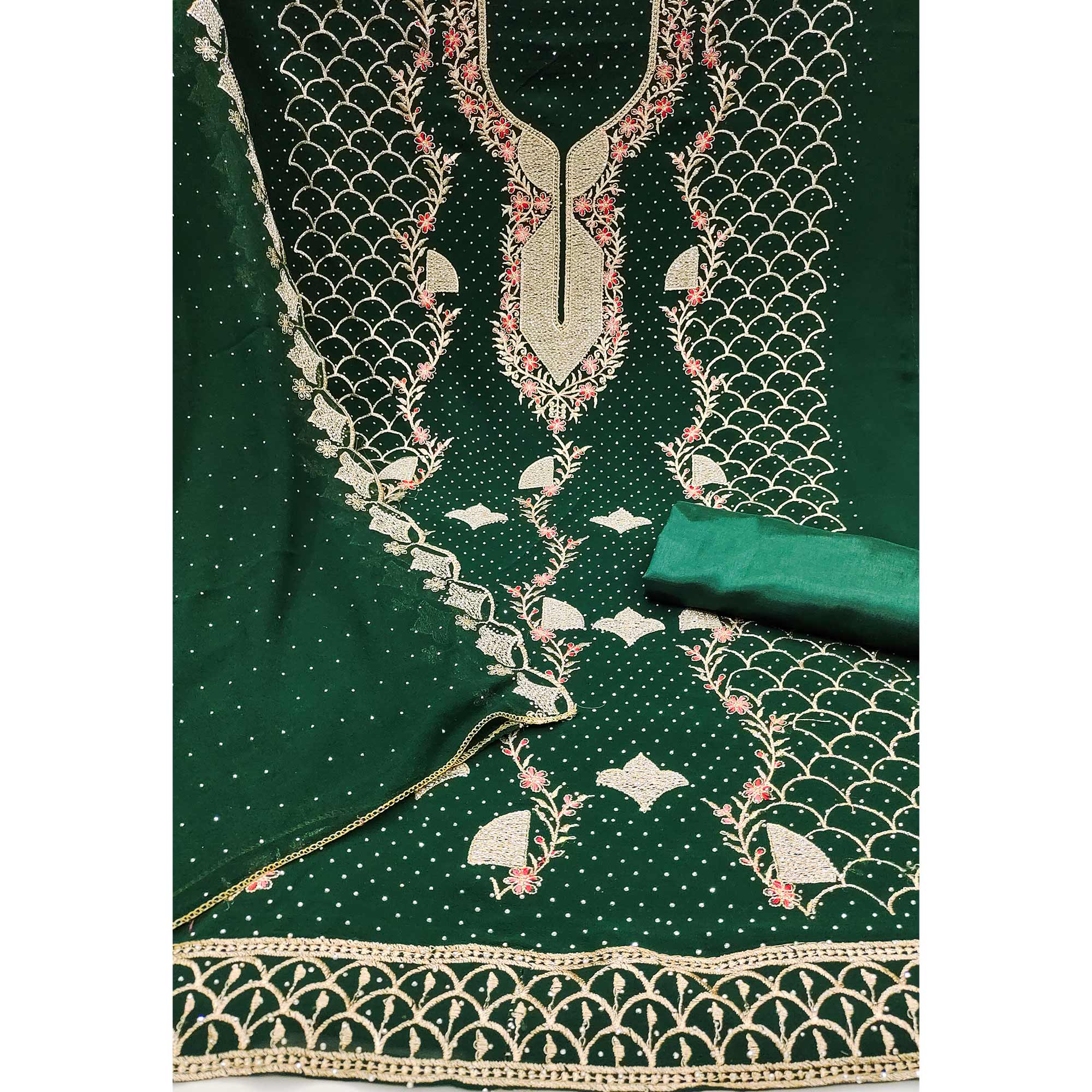 Green Georgette Dress Material With Exquisite Floral Embroidery And Stonework