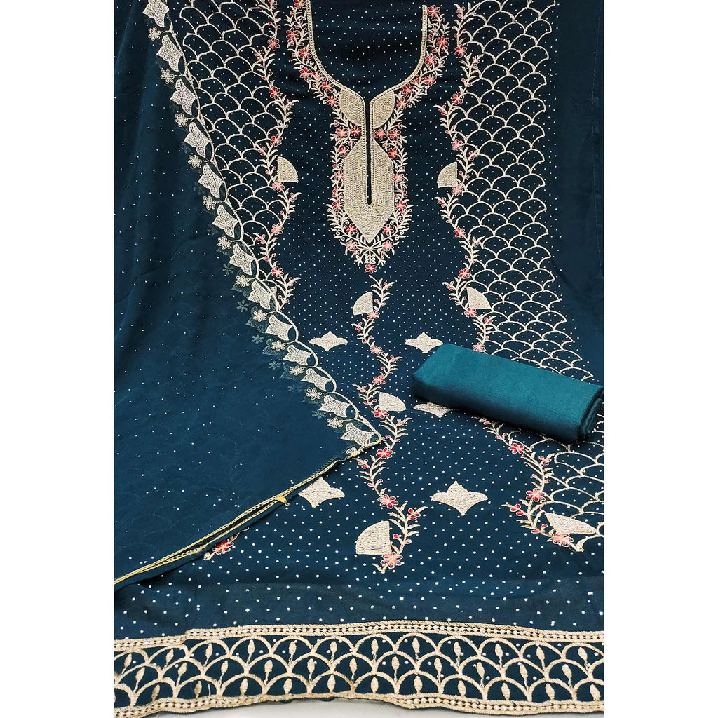 Morpich Blue Georgette Dress Material With Exquisite Floral Embroidery And Stonework