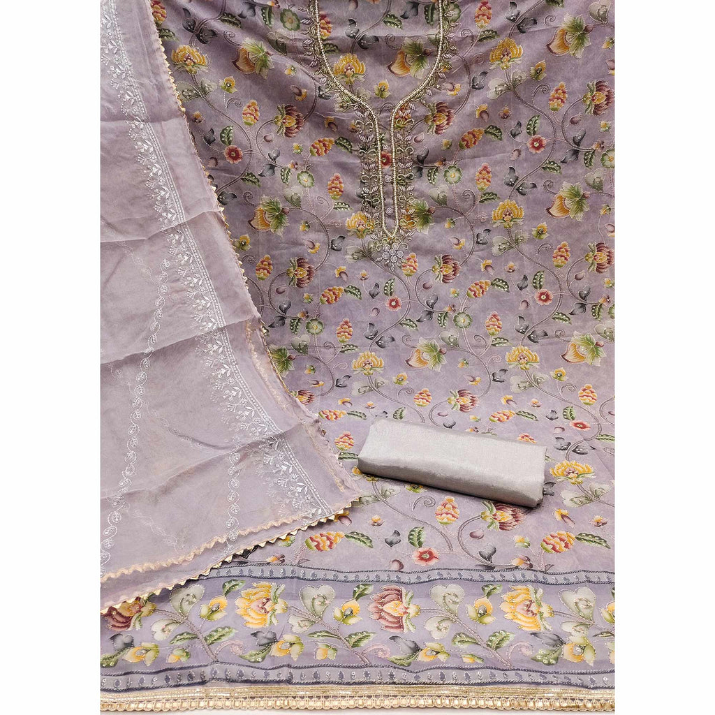 Light Lavender Organza Dress Material With Graceful Floral Print With Handwork Detailing