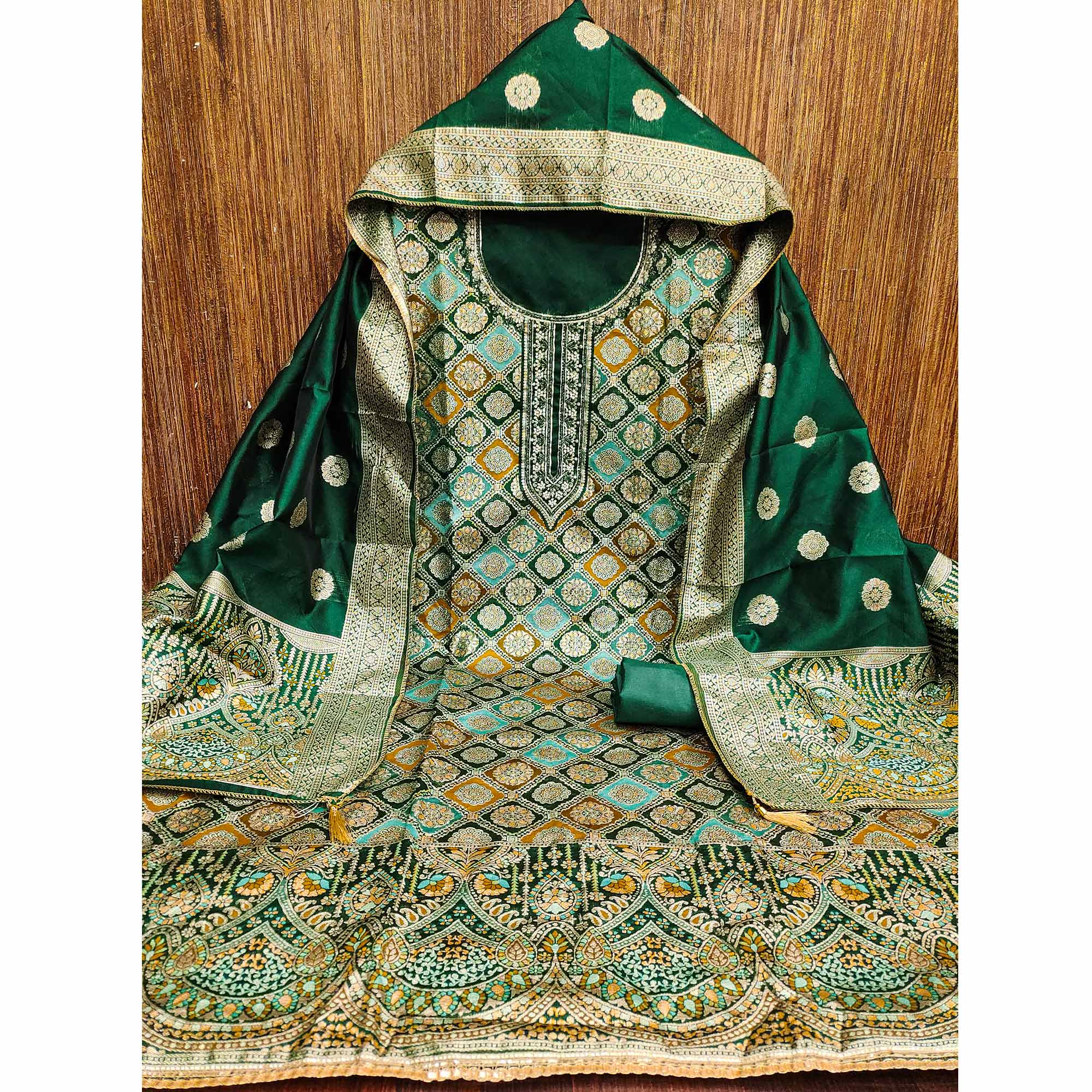Green Unstitched Dress Material in Zari Woven Jacquard