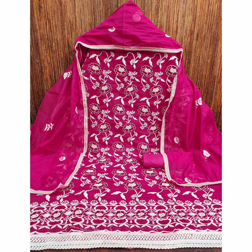 Dark Pink Embroidered Chanderi Cotton Suit Fabric with Floral Detailing