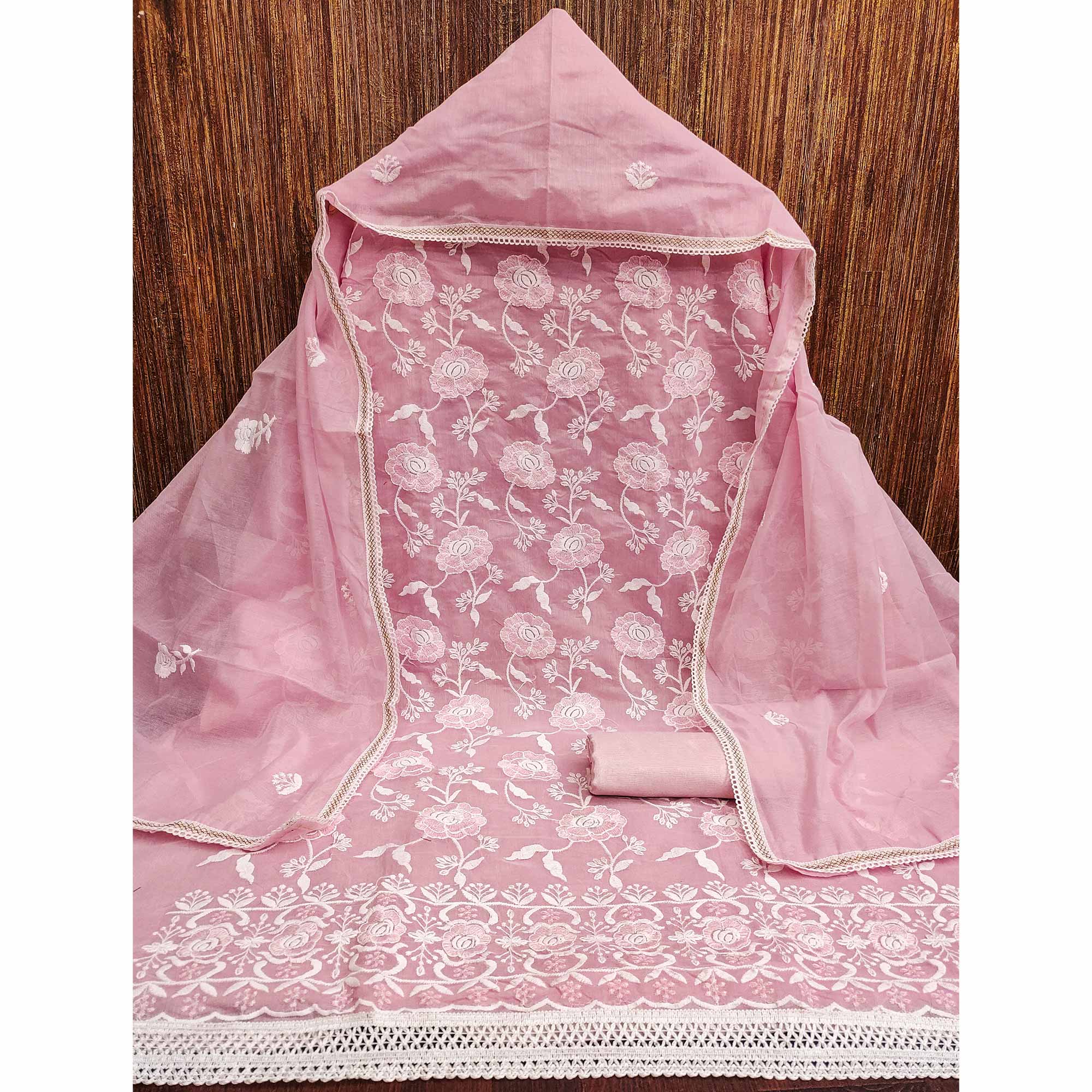 Pink Embroidered Chanderi Cotton Suit Fabric with Floral Detailing