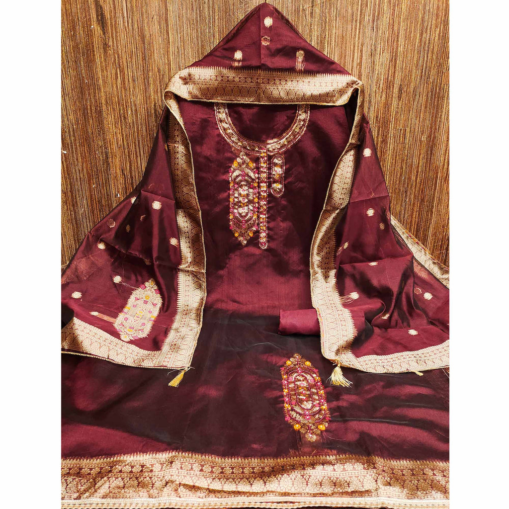 Festive Maroon Unstitched Dress Material in Zari Weaving Jacquard