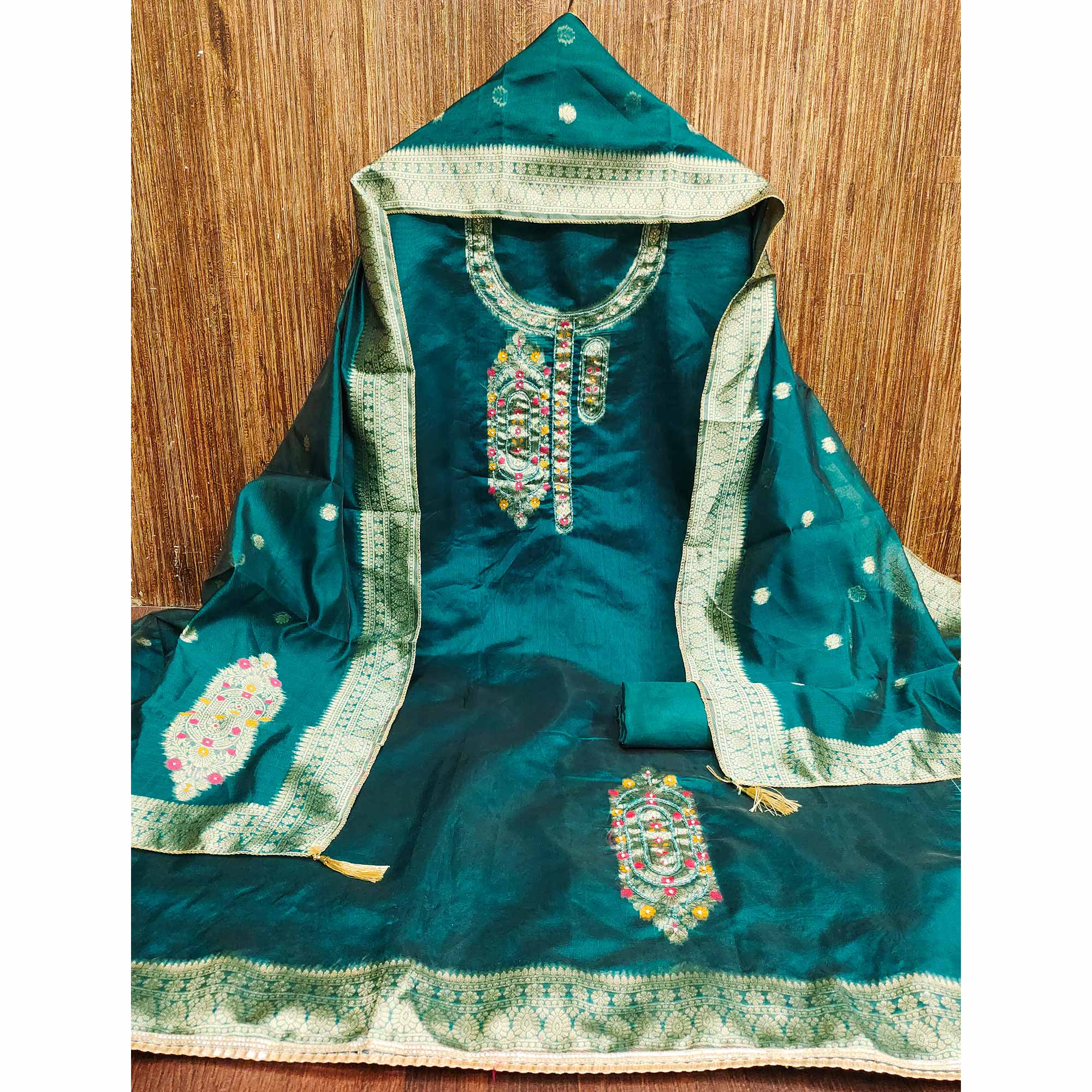 Festive Teal Unstitched Dress Material in Zari Weaving Jacquard