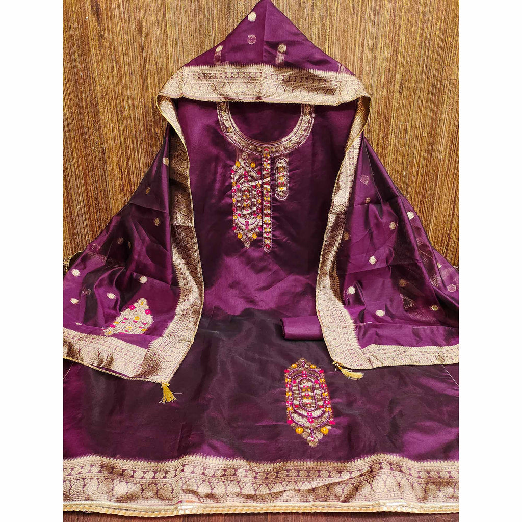 Festive Wine Unstitched Dress Material in Zari Weaving Jacquard