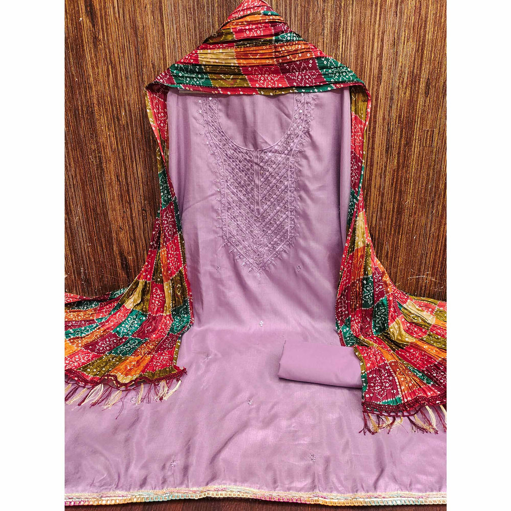 Light Purple Cotton Blend Suit Material with Soft Floral Embroidery