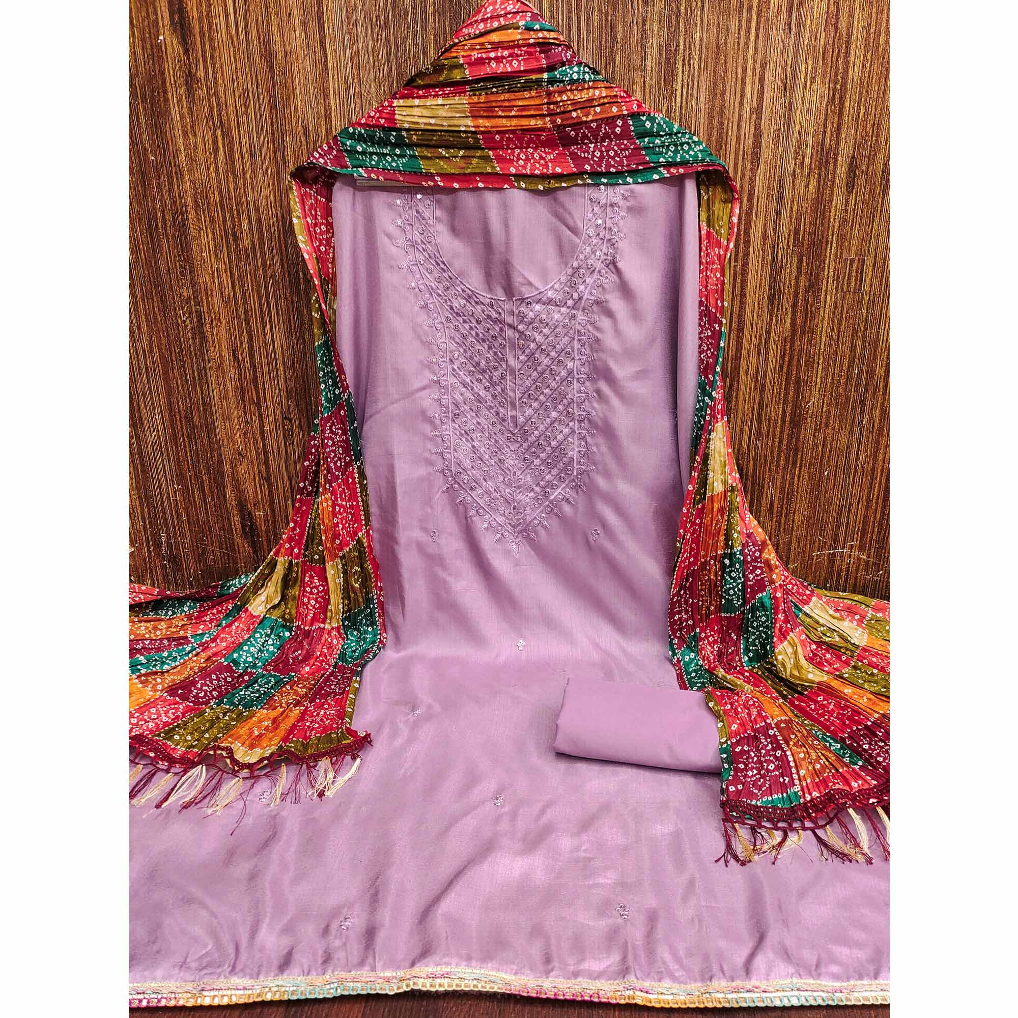 Light Purple Cotton Blend Suit Material with Soft Floral Embroidery