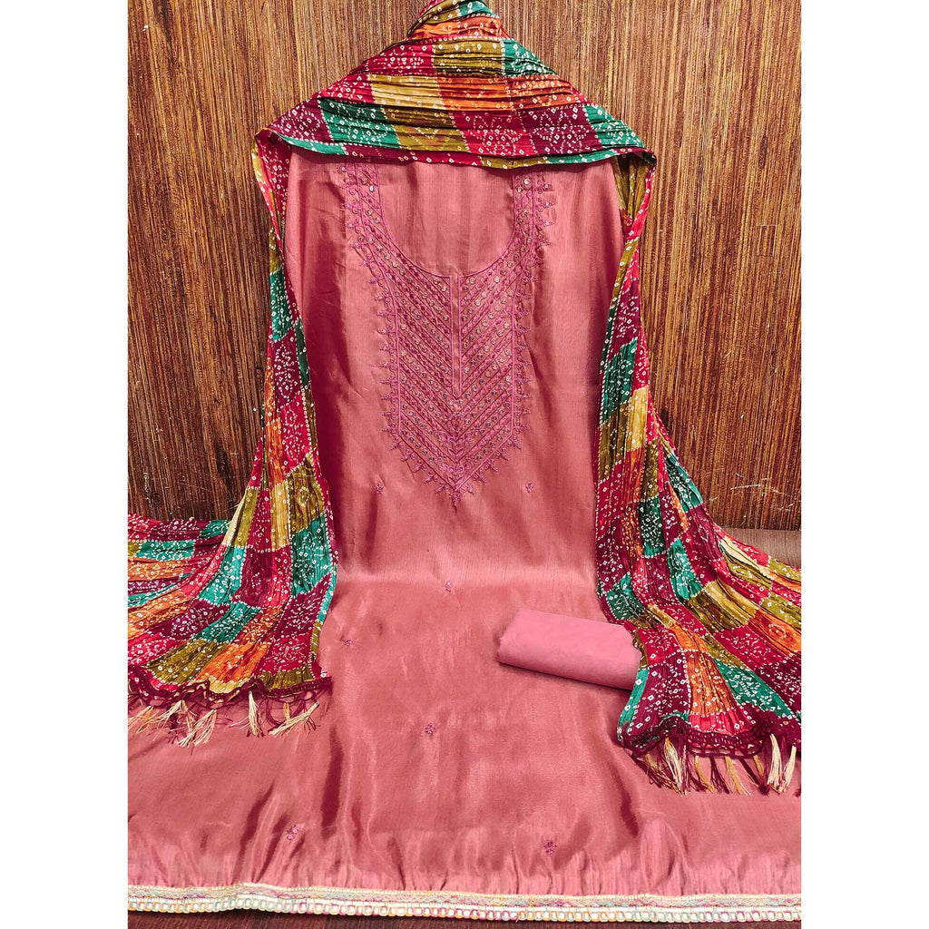 Pink Cotton Blend Suit Material with Soft Floral Embroidery