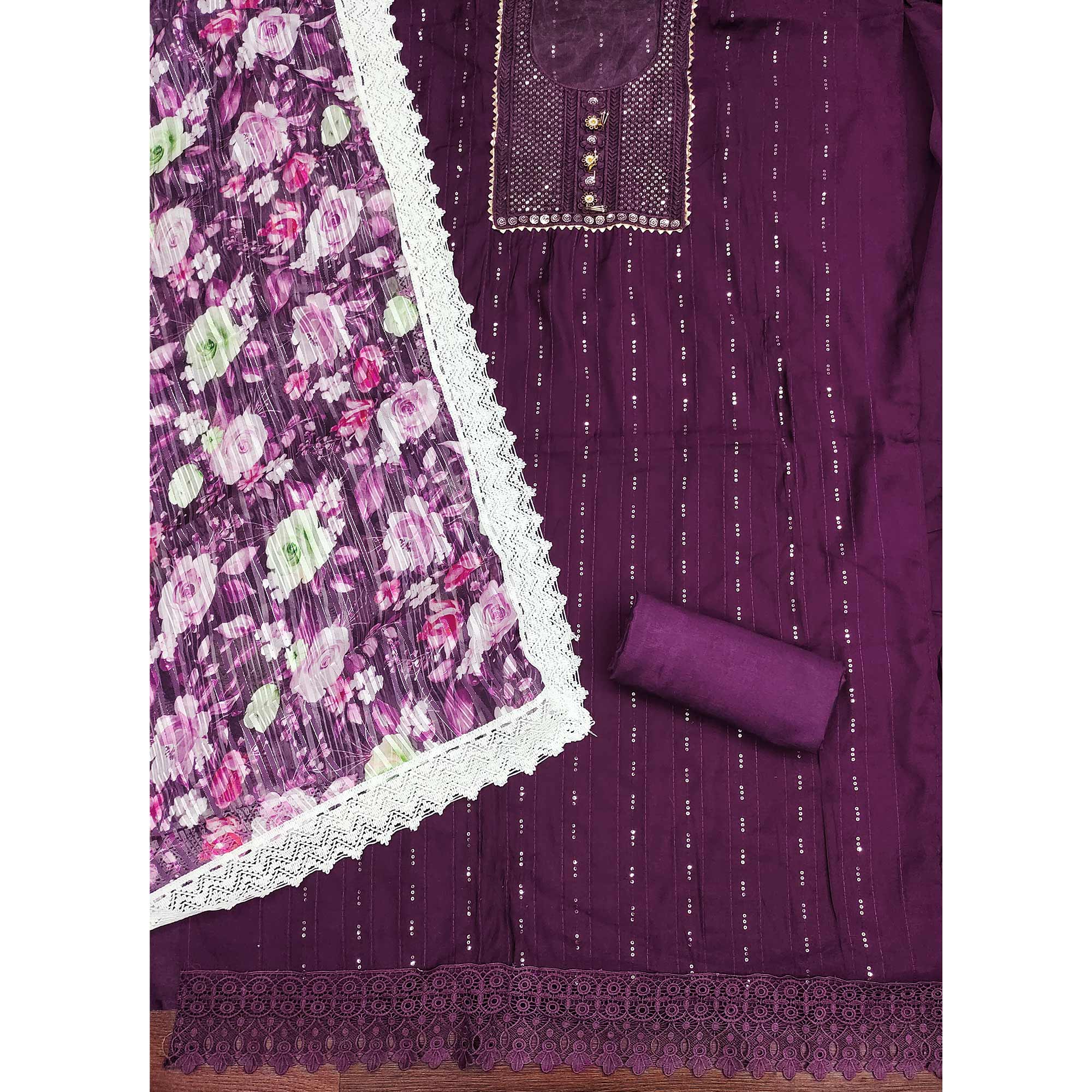 Deep Purple Cotton Blend Suit Material Enhanced with Sequins Embroidery