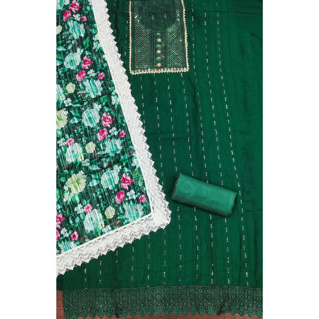 Green Cotton Blend Suit Material Enhanced with Sequins Embroidery