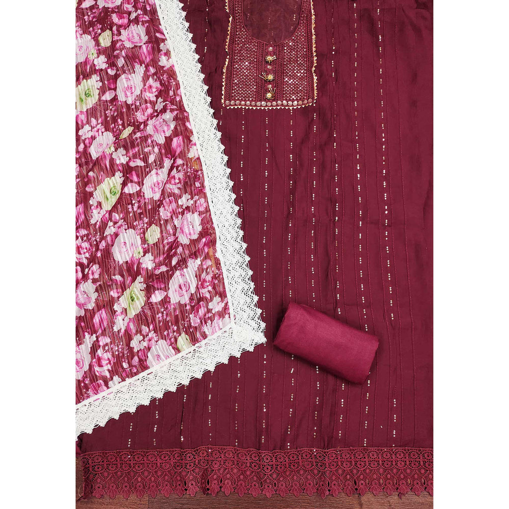 Maroon Cotton Blend Suit Material Enhanced with Sequins Embroidery
