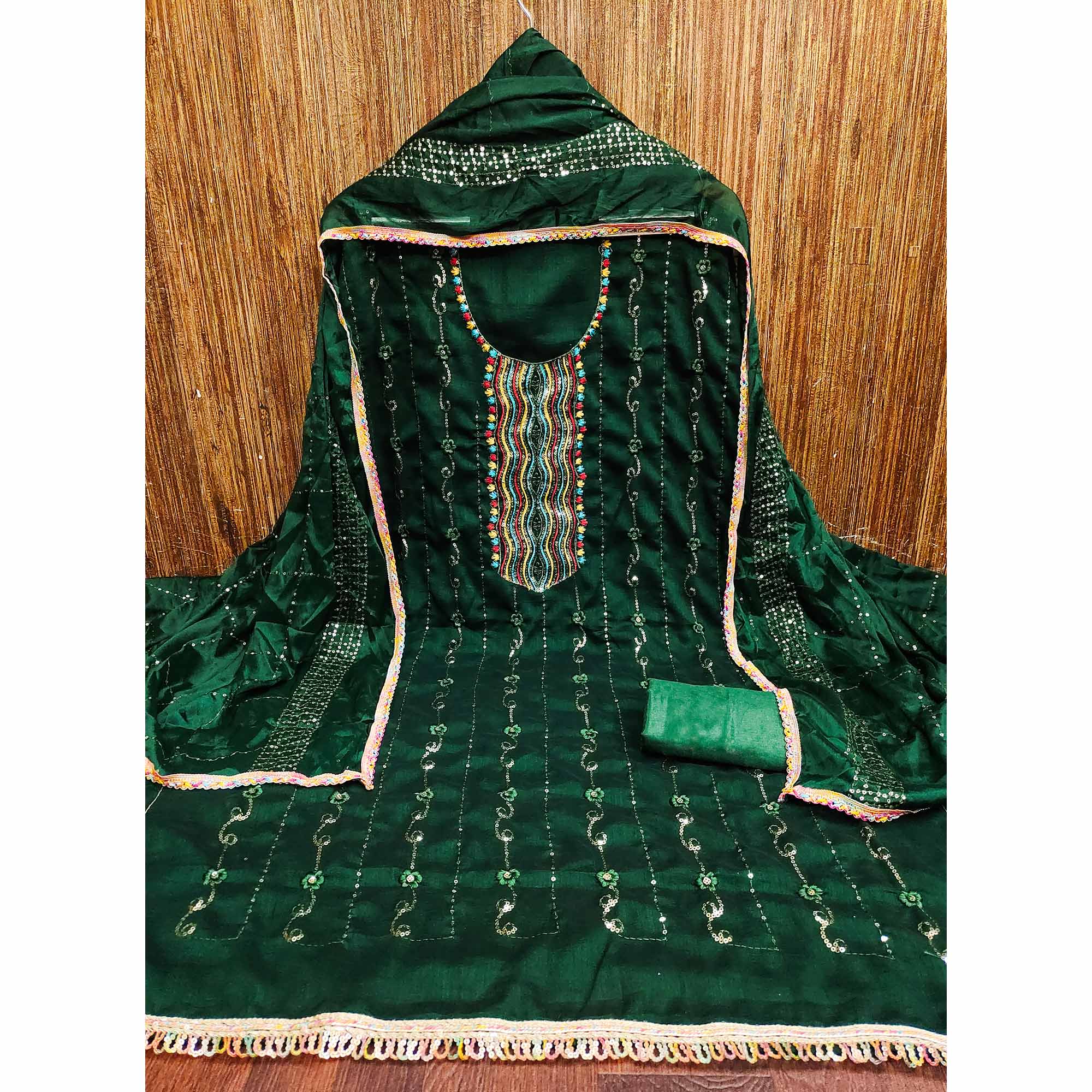 Festive Green Dress Material in Vichitra Silk with Sequin Highlights
