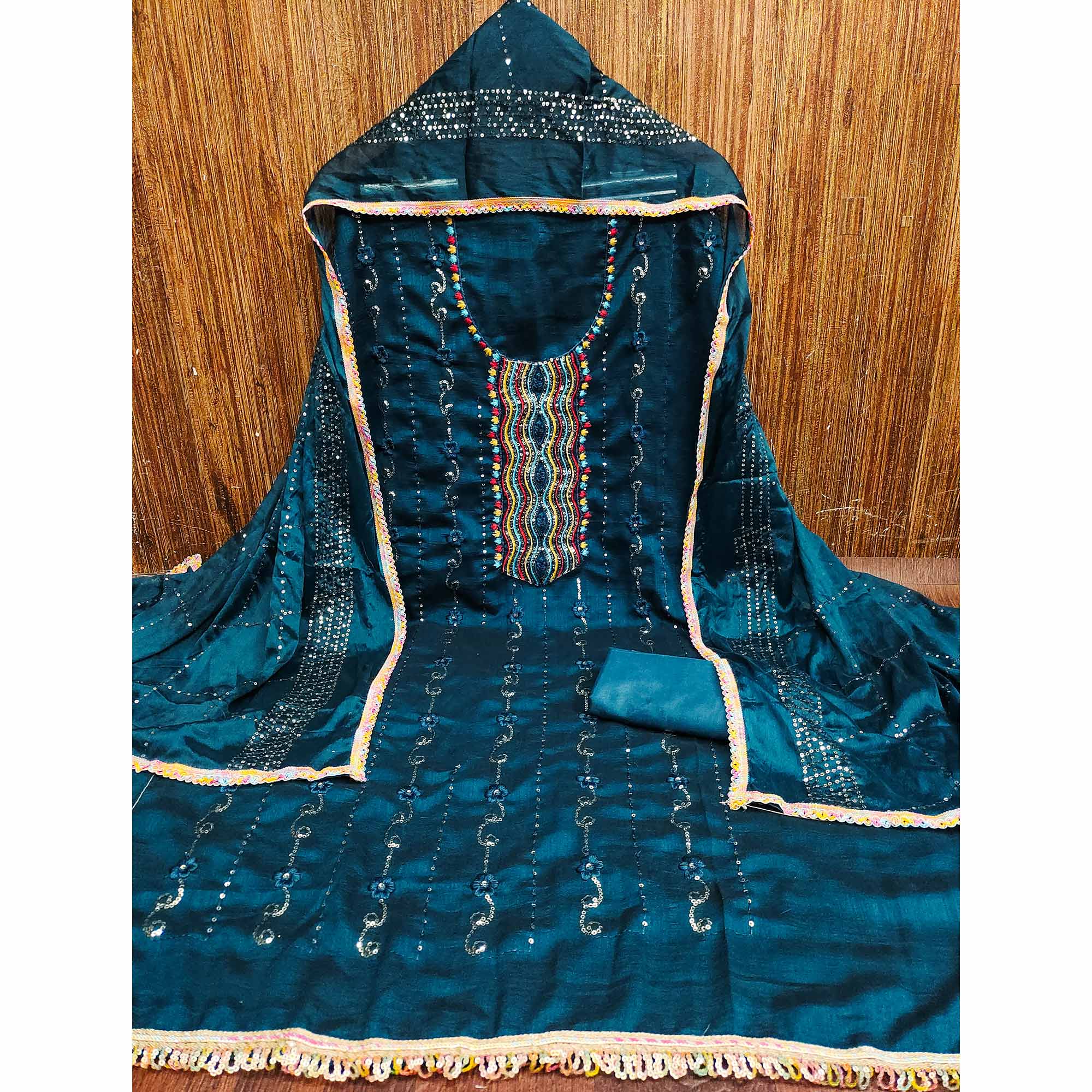 Festive Teal Dress Material in Vichitra Silk with Sequin Highlights