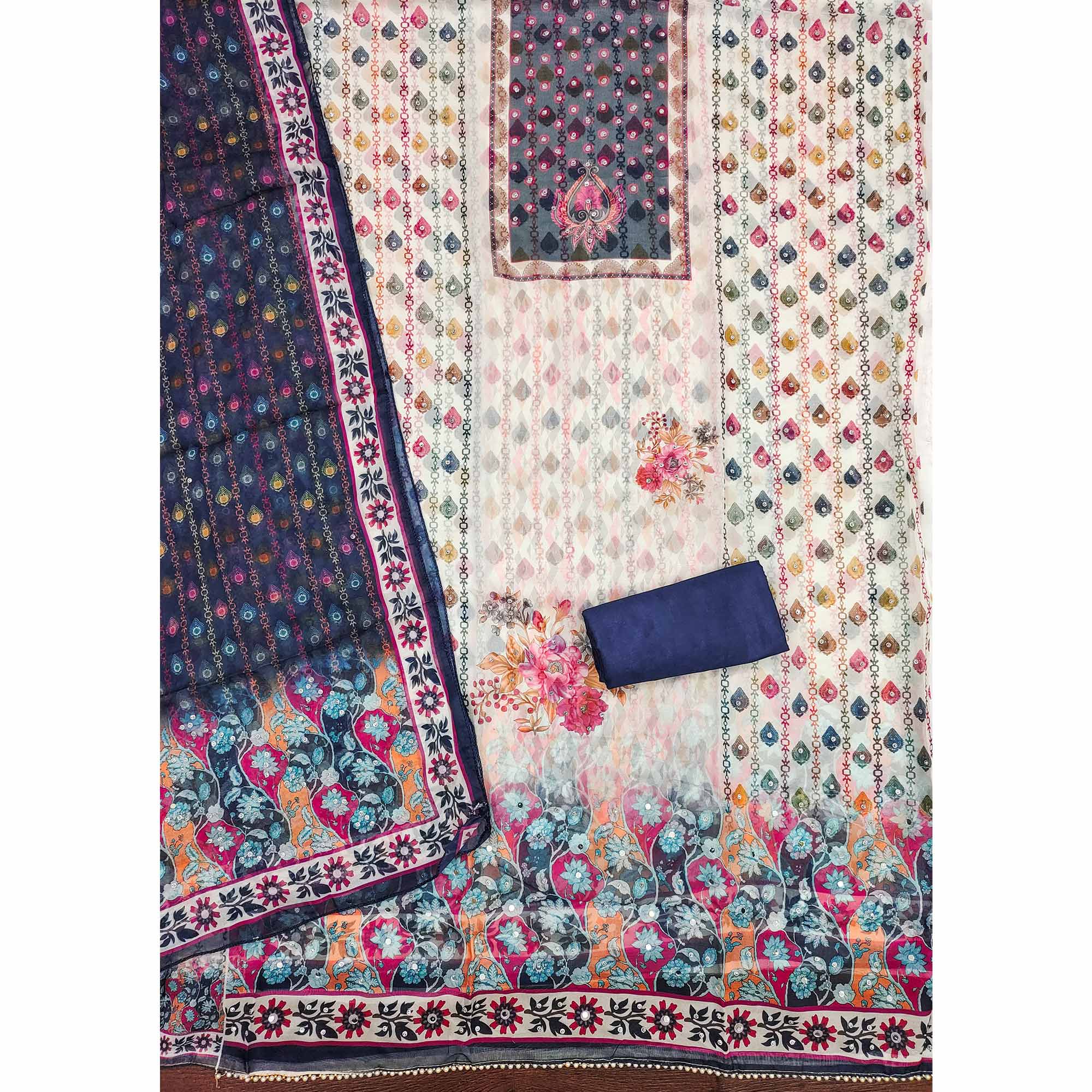 Off-White & Blue Organza Dress Material with Elegant Floral Prints